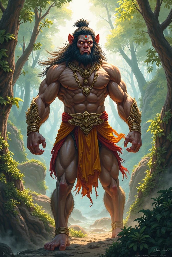 Hanuman stands in the rainbow forest.