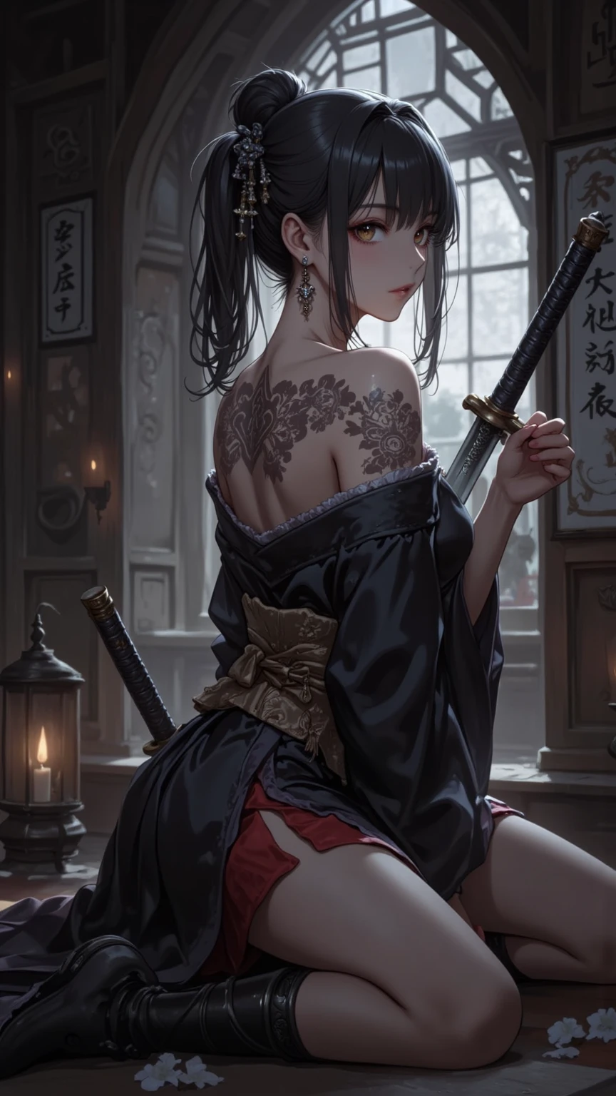 absurdres, RAW photo, extremely delicate and beautiful, masterpiece, Best Quality, ultra high resolution, 32k, hyperrealistic, ultra-detailed, in her 20s, delicate facial features, tearful mole, earring, medium breasts, full body shot, shorter middle hair, black hair, kimono, ninja, samurai,