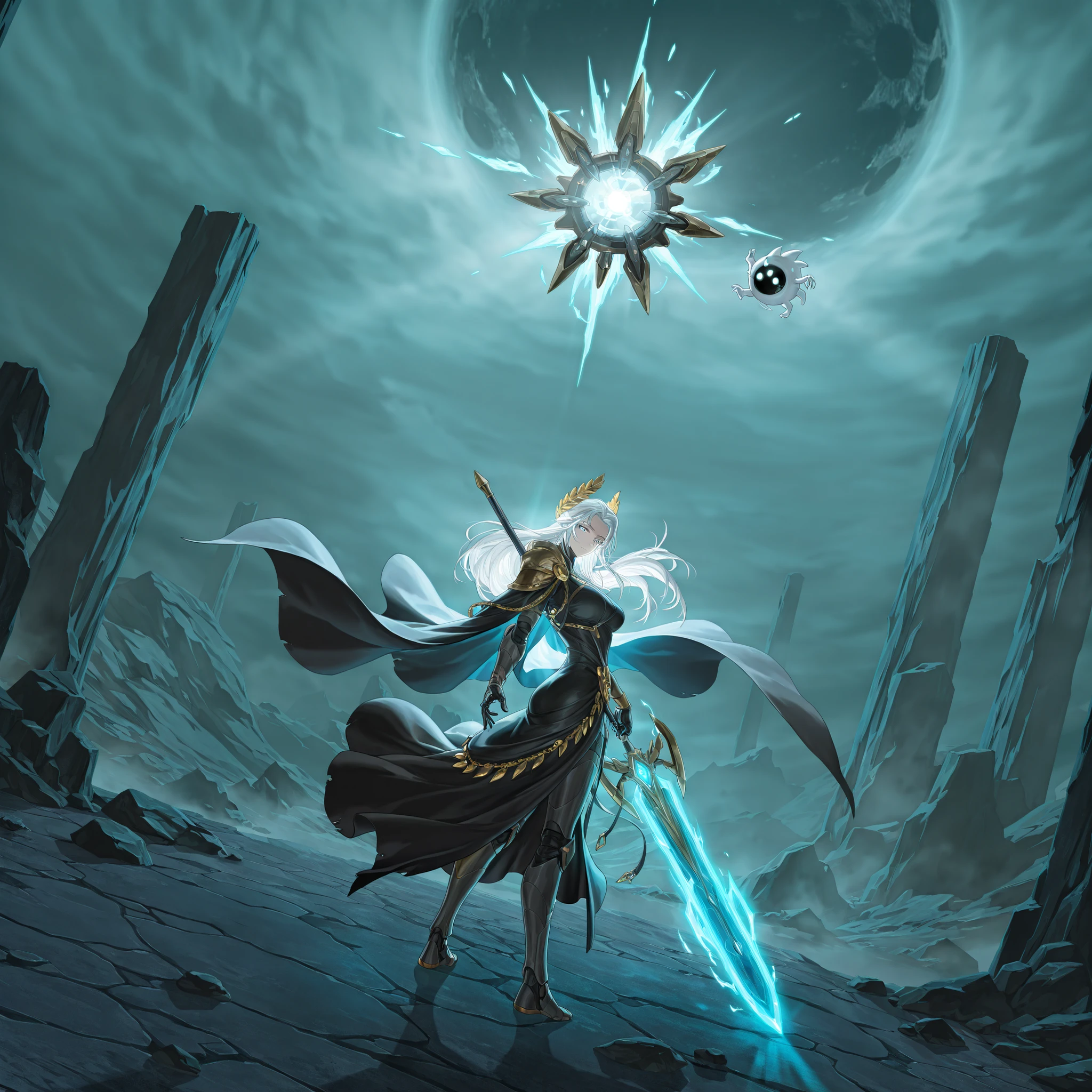 medium shot, from the side, dynamic pose, three quarter shot, dutch angle, looking at viewer, mature, 1girl, solo, masterpiece, best quality, amazing quality, very aesthetic, high resolution, ultra-detailed, dramatic lighting, CG art, absurdres, scenery, (FuHua, Fol005, Fh_Hos:0.26), white hair, white eyes, carapace, shoulder cape, black dress, synthetic armour, nanoweave, greek dress, laurel crown, glowing cape, Vergillius, LionLimbus, cosmic weapon, asymmetrical clothes, boss enemy, villainous, ornate clothes,