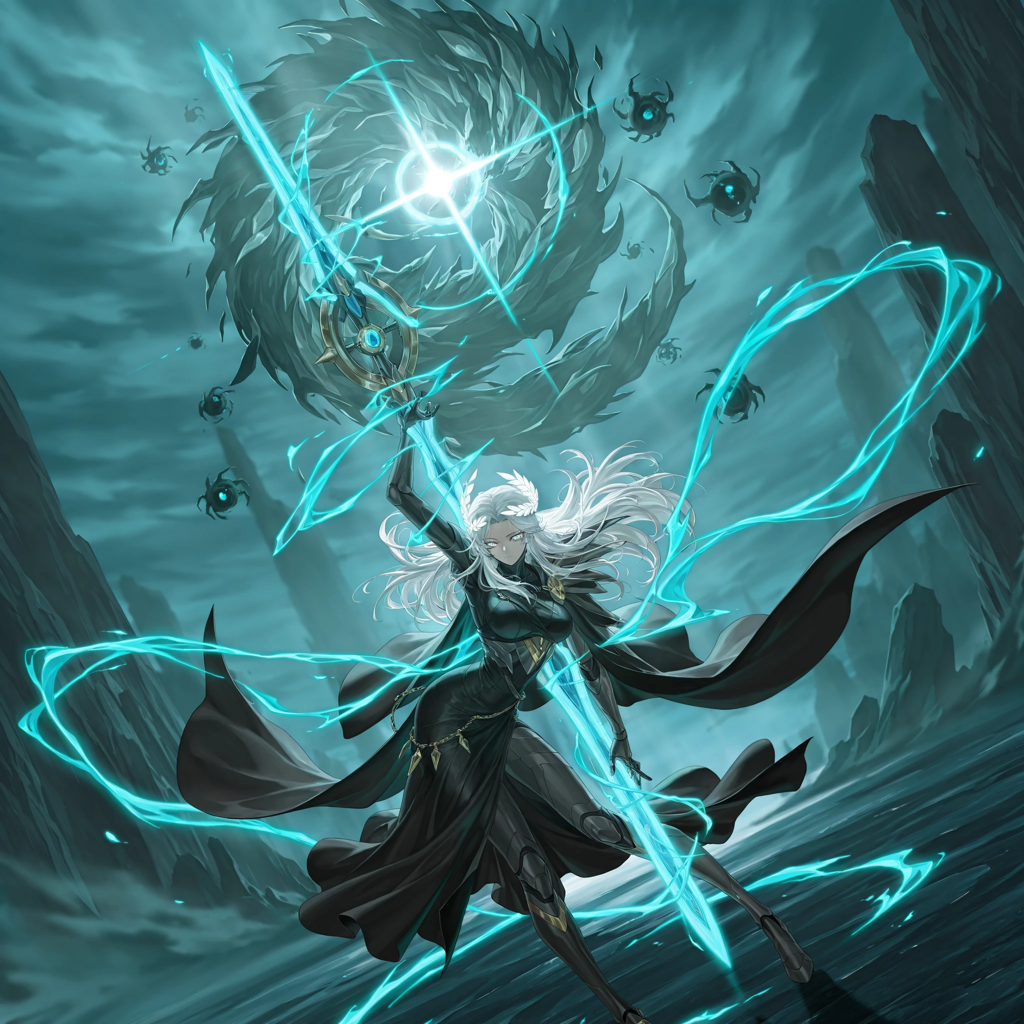 medium shot, from the side, dynamic pose, three quarter shot, dutch angle, looking at viewer, mature, 1girl, solo, masterpiece, best quality, amazing quality, very aesthetic, high resolution, ultra-detailed, dramatic lighting, CG art, absurdres, scenery, (FuHua, Fol005, Fh_Hos:0.26), white hair, white eyes, carapace, shoulder cape, black dress, synthetic armour, nanoweave, greek dress, laurel crown, glowing cape, Vergillius, LionLimbus, cosmic weapon, asymmetrical clothes, boss enemy, villainous, ornate clothes,