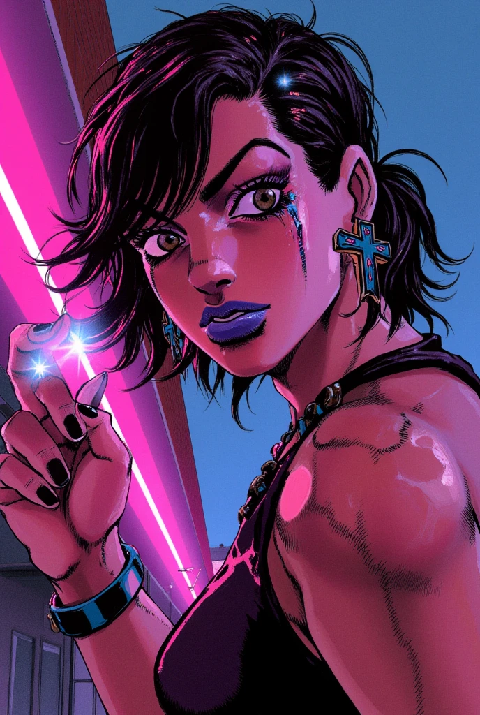 Amara, short black hair,ponytail,toned , blue left arm tattoo, purple eyes,  scars, nipples,  cleavage, sweat, looking at viewer, close up, from above, 
AmaClot,right fingerless glove,ear piercing,earrings,midriff ,crop top,torn clothes ,vest with spikes ,bracelet,pants,boots,necklace,belt ,
 spaceship, window,  purple themed room,  walls,  purple lighting, 
(insanely detailed, beautiful detailed face, masterpiece, best quality) 
 <lora:Amara-10v3:0.7>