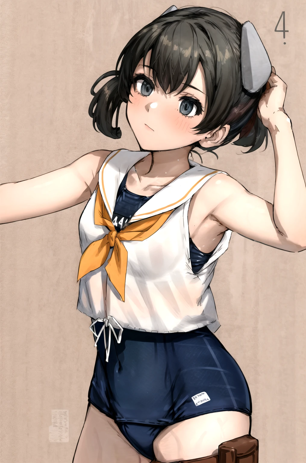 Brown short bob、School swimsuit with white line design、Black Stockings、necklace、tits、slender、