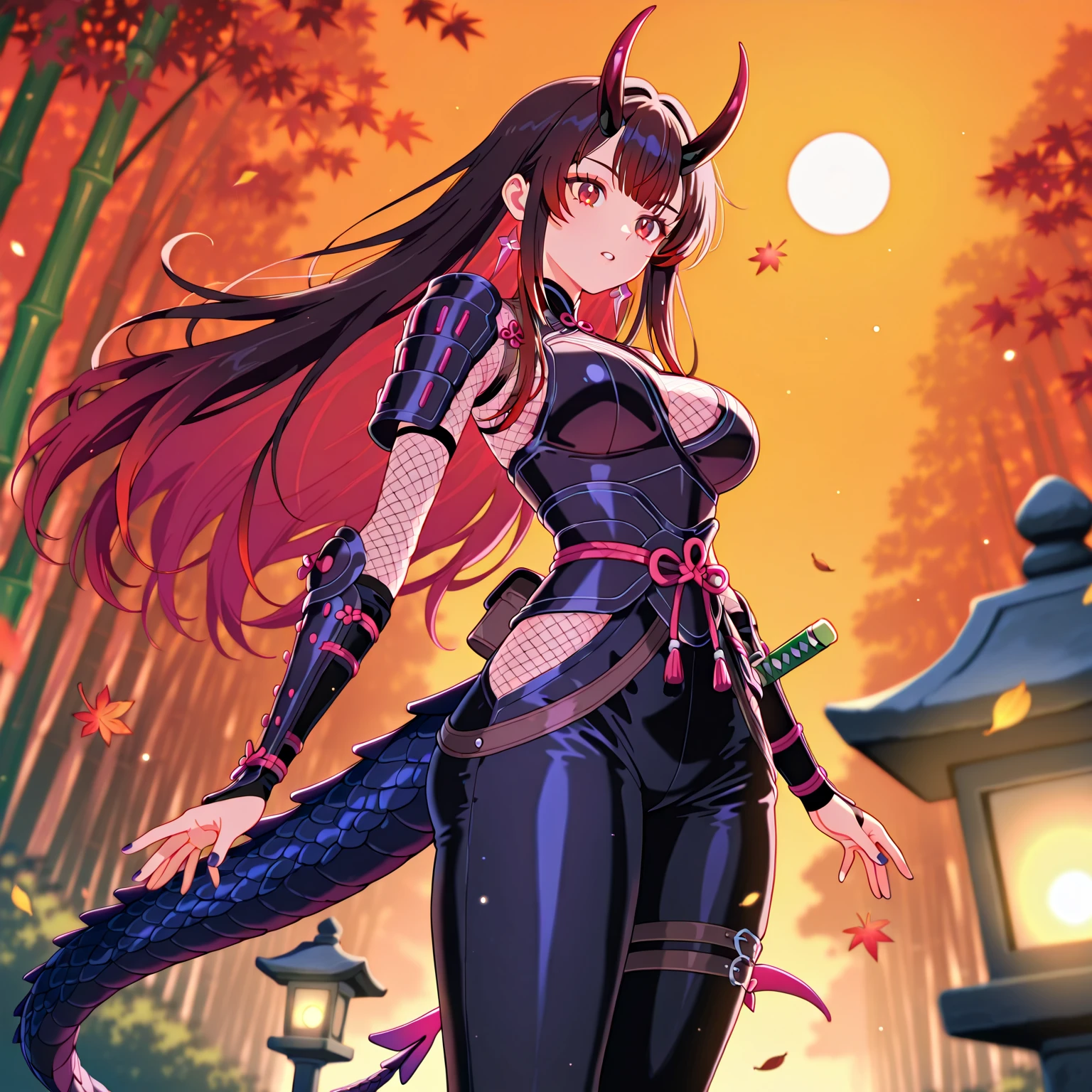 Mitsuki, red hair, ponytail, bangs, brown eyes, standing, smiling, solo, upper body,
MitNin, tight black bodysuit, fingerless gloves, hood down, fishnets, fishnets, kunai strap,
on Japanese building, nighttime, moon, Sengoku period,
(insanely detailed, beautiful detailed face, masterpiece, best quality) <lora:Mitsuki-05:0.7>