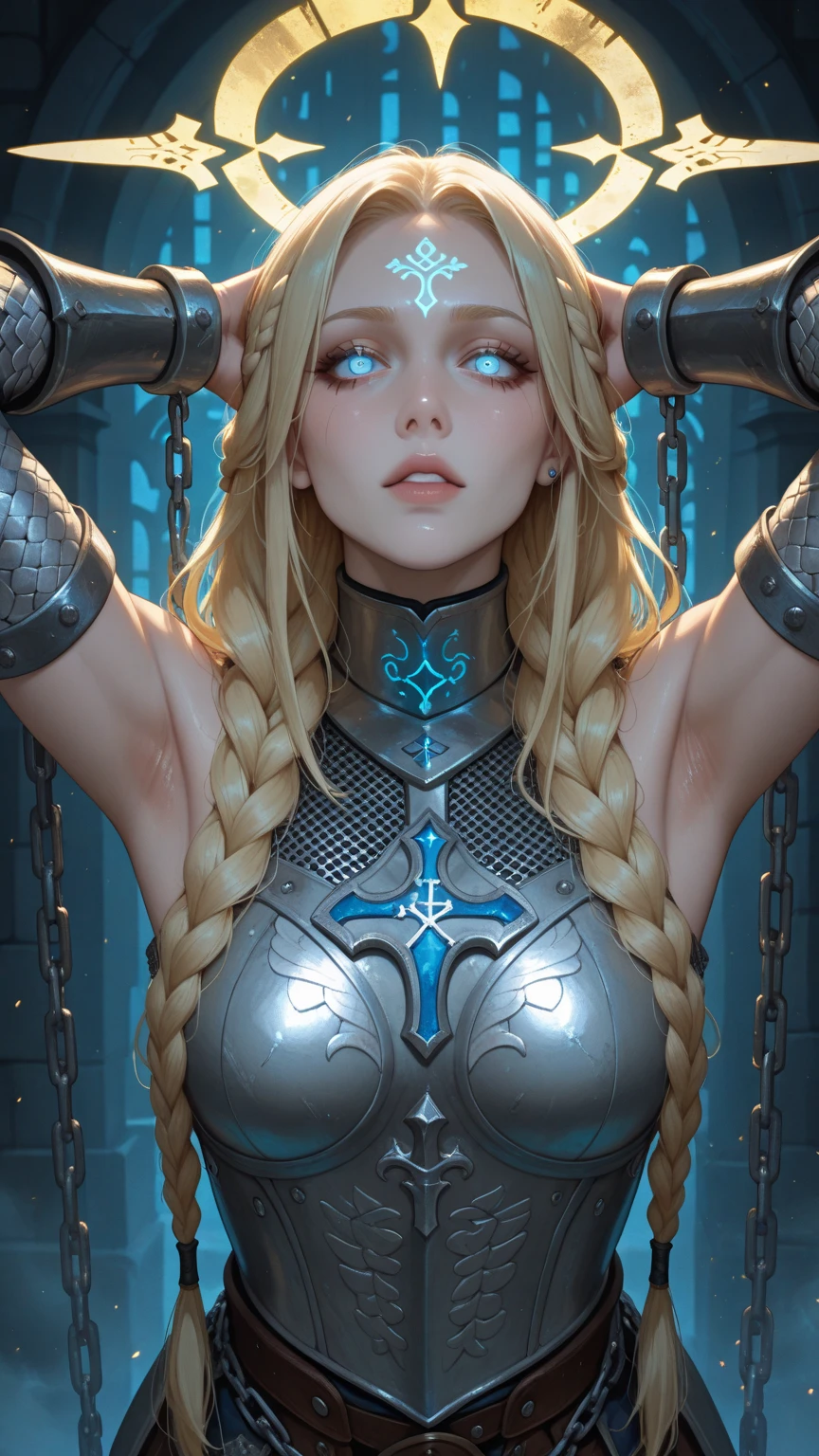 Elara, silver-haired, blue-eyed warrior, warrior princess, imprisoned in a dungeon, dark chains. Dark dirty environment. suffering, tortured. on their knees, sad, high detail, Conceptual art, cinematic lighting, drop shadow, perspective, UHD, masterpiece, anatomically correct, super detail, best quality, 1080P, 8k
