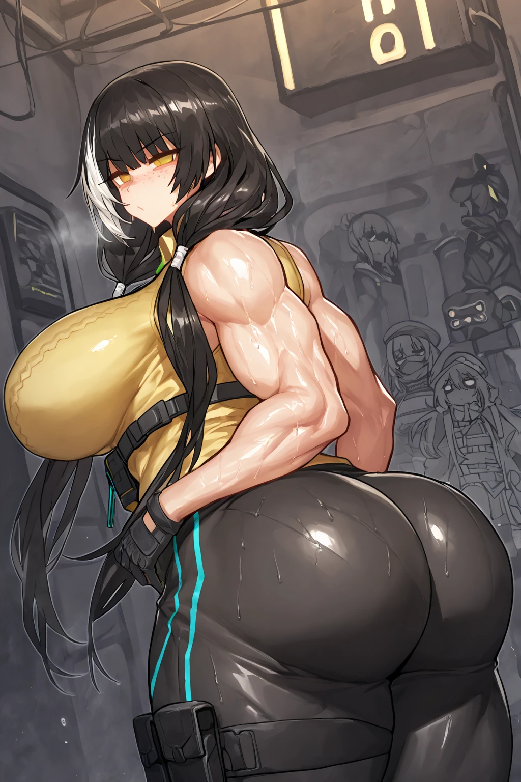 1 dark skinned girl, futuristic mech pilot, topless, no panties, bending over, on all fours, fixing car engine, spreading ass, cum covered ass, sweaty, from behind perspective, long hair, ass close up