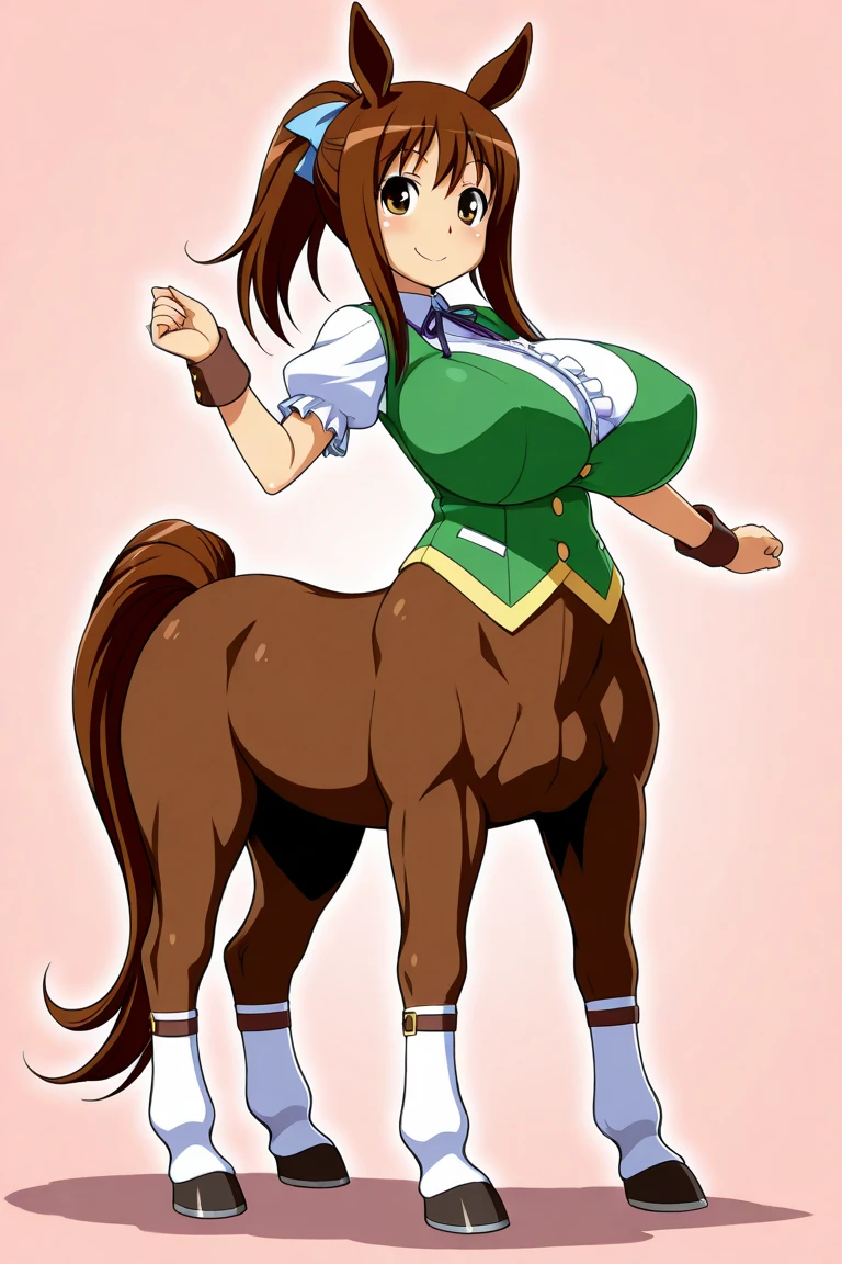 Young centaur. fantasy setting. long hair. Long women's haircuts. Round and soft face. The chin is round and soft. Round and soft cheeks. Curved lips. Long and wide nose. Dark brown eyes. long neck. big breasts. Centaur under the body. brown fur. Looks good and friendly. medieval fantasy in black. in an open field. It's winter, but the sun is shining. blue sky.