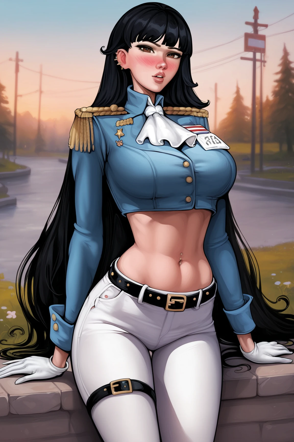 score_9, score_8_up, score_7_up, kiryuuin satsuki, 1girl, solo, black hair, makeup, cyan eyeshadow, cyan lips, jewelry, earrings, hair ornament, long sleeves, junketsu, epaulettes, sailor collar, bikini, cleavage, areola slip, covered nipple, midriff, choker, groves, wrist cuff, navel piercing, miniskirt, piercing, looking to the side, brown eyes, smile, sparkle, cowboy shot, open shirt, pleated skirt, fur, alternate costume, standing, gyaru, chain belt, tie, thigh high boots, skindentation, cameltoe, eyeshadow, parted lips, handbag, katana, whore, slut, prostitute