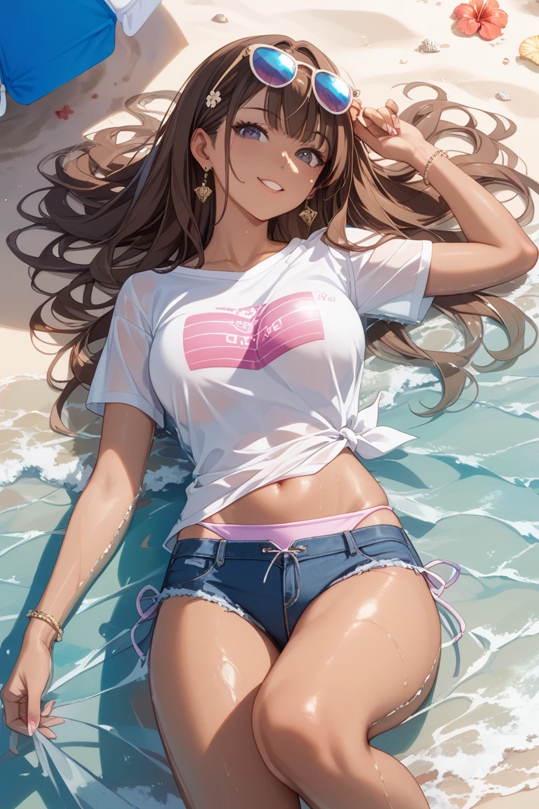 (Very detailed, highest quality, Anatomically perfect body), One girl, Anime Girls, Brown long hair, Brown eyes, Pink Glasses,heart shaped pupils,Sunburned skin, Large Breasts,beautiful breasts,pointy breasts,(Big Ass),beautiful ass,Embarrassed,Tank Top,swimsuit,lower body,sweat,wet,Tank Top,white swimsuit,squatting,(open legs),Groin tattoo,glowing tattoo, (I want to pee:1.1),(Urination Desire:1.1), (Urge to urinate:1.3), (Person urinating:1.6), (An urgent need to go to the toilet:1.2), (bladder full:1.3),(Pee:1.3),(Peeing),(shame), (water),