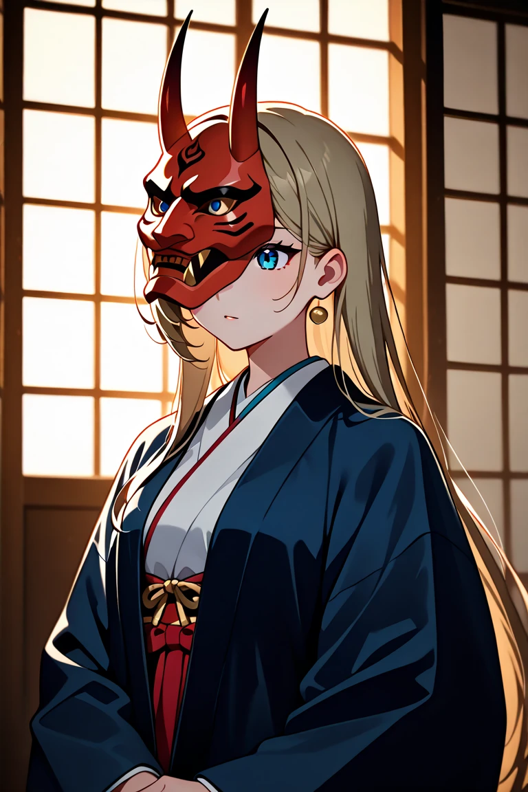 Demon mask, blonde hair in a side chignon, smiling, white kimono, cute 