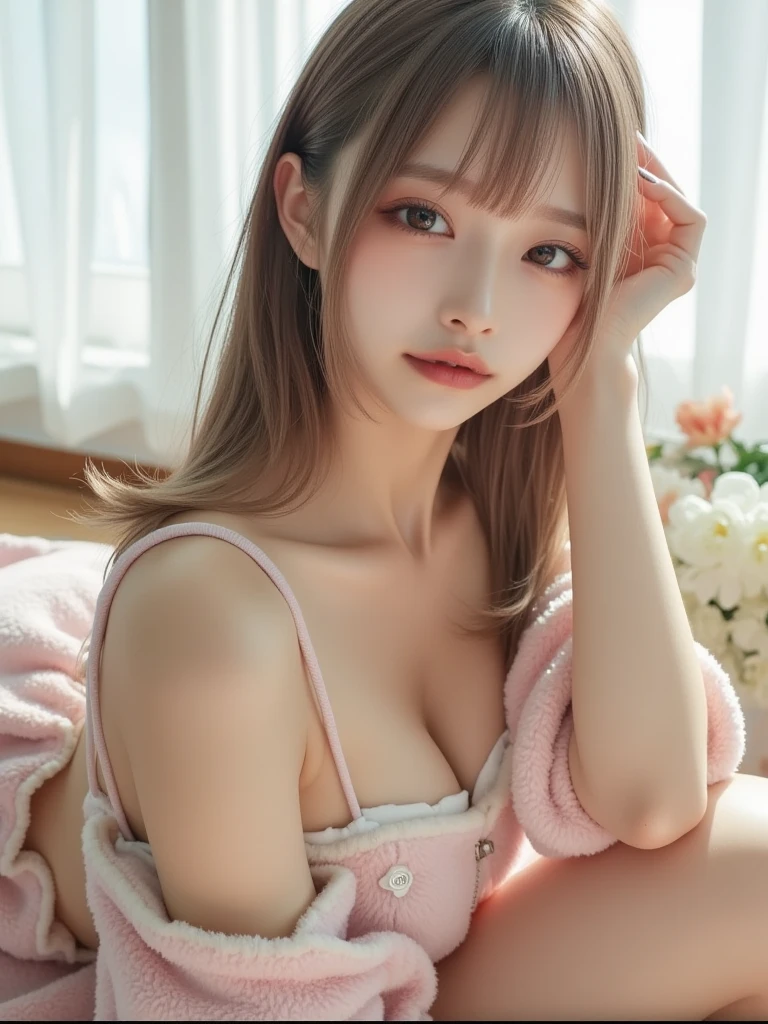 ((Full body)), ((Random shooting angle)), ((Realistic)), 1girll, posed for photo,Pink panty、 Naked and sexy pose showing、Exposure、Lying on your back in bed,pretty feet, looking at viewert, Detailed scene, Curly, Air bangs, Beautiful Hair Accessories, brownish-yellow hair, light make-up, Blushlush, Gloss on lips,Warm color palette, Detailed details, ultra-detailliert, (tmasterpiece, best qualtiy), (extremely delicate and beautiful work), Delicate earrings, delicate necklaces, Simple blurred background, extreme detail description, Ultra-fine painting, Delicate face, slim toned body,, (grin, happy grin, Baring teeth),