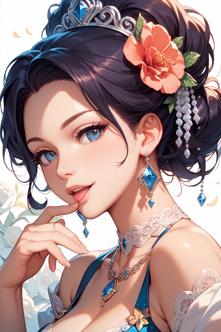 (masterpiece),(Best Quality:1.0), (ultra high resolution:1.0), Detailed illustration, 8k, cheered up, 1 girl, beautiful cheered up girl, wearing a blue dress, Crown of flowers, pretty face, detailed face, pretty eyes, detailed eyes, red blue eyes, bright green lips, Red lipstick, beautiful elegant hair, highlights in hair, bangs cheered up style, Best Quality, Vibrant