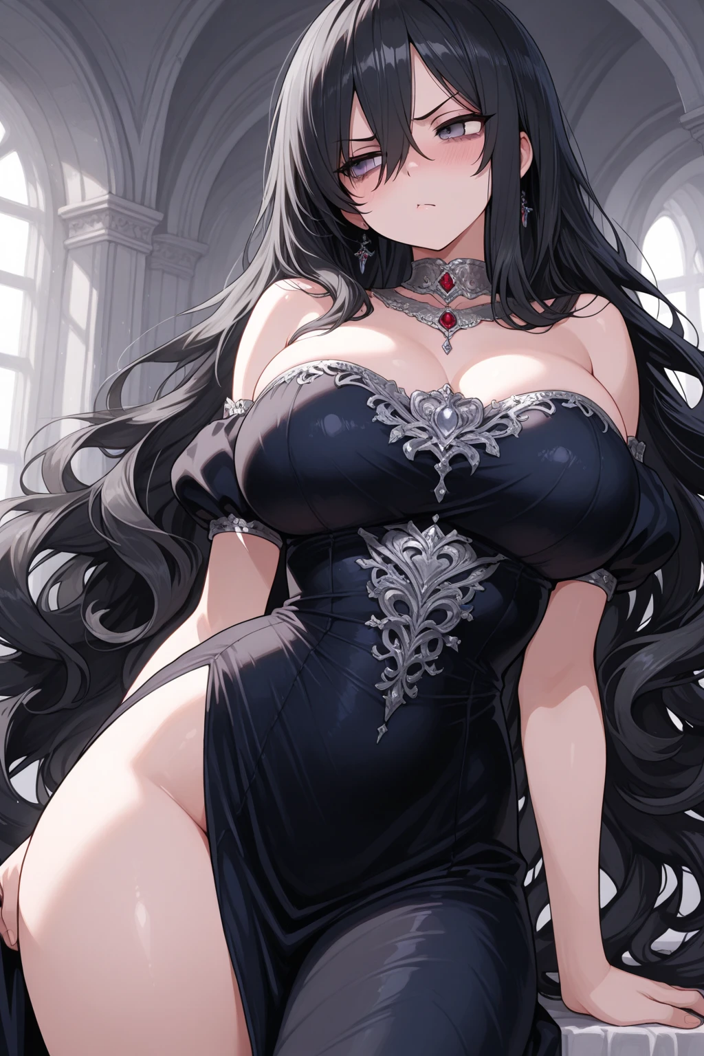 Create an image of a stunningly beautiful perfect dark fantasy girl, Stunningly gorgeous beautiful perfect sexy face, perfect makeup, lipstick, curved eyebrows, long luscious eyelashes, black eyeliner, long luscious hair, curved hour glass body figure, gigantic natural breats, showing cleavage, low cut dress, sexy seductive fantasy lace dress, fantasy open world,