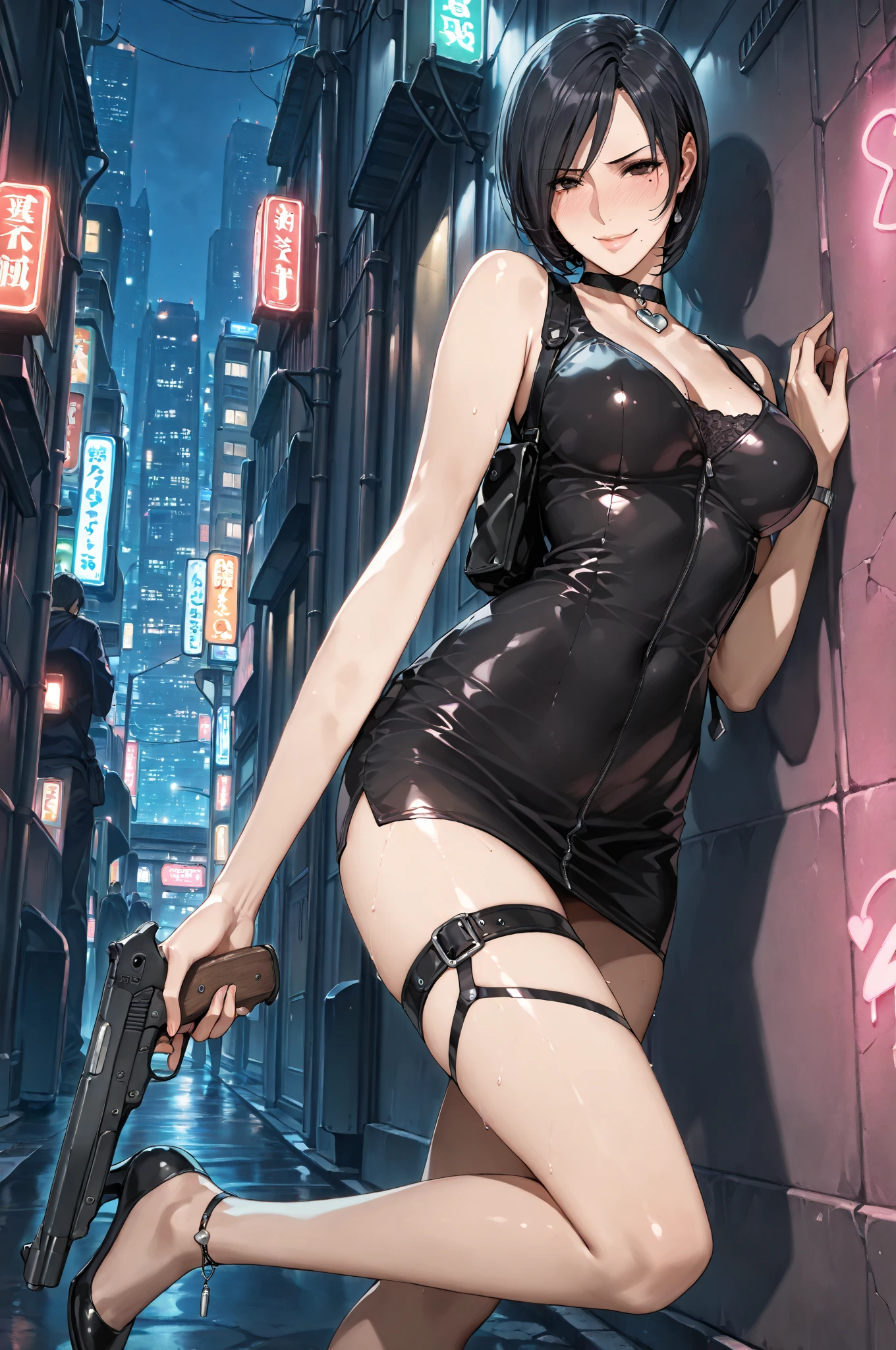 A beautiful black short-haired woman with big blue eyes wearing a sexy transparent sling with no clothes underneath and red high heels showing her breasts
