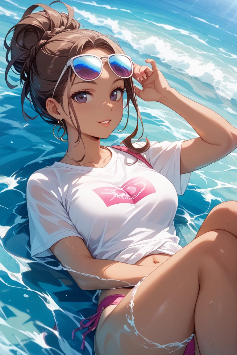 perfect litthing, ((sportrait)), 1woman, fit-muscled body, bright yellow eyes,dark blue hair , blue eyes, With round lenses, long hair, messy hair, Wear a pink crop top, wear a pink cap ,Playing in the in sea, sitting in water , smile ,