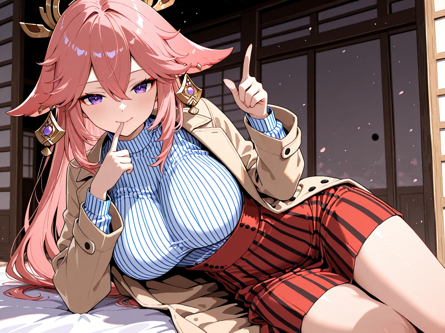 (8K、masterpiece、Highly detailed background、high resolution)、(mitsuri kanroji)、Cleavage、(On the bed、yukata、Random sexy poses、underwear)