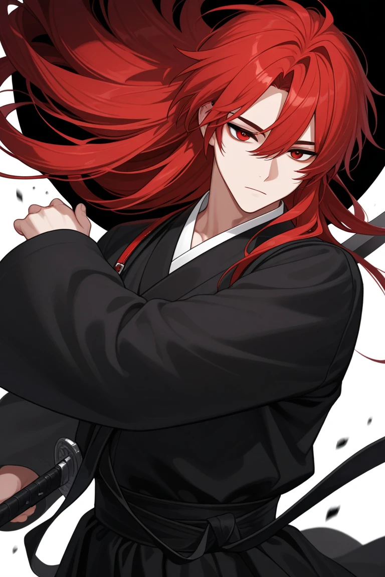 (masterpiece, best quality, high quality), 1young man, ((not impressed)), sitting, looking at the viewer, red hair, (long hair, disheveled hair), yellow eyes, :(, hair ponytail, black and red clothes, blood, sinister background