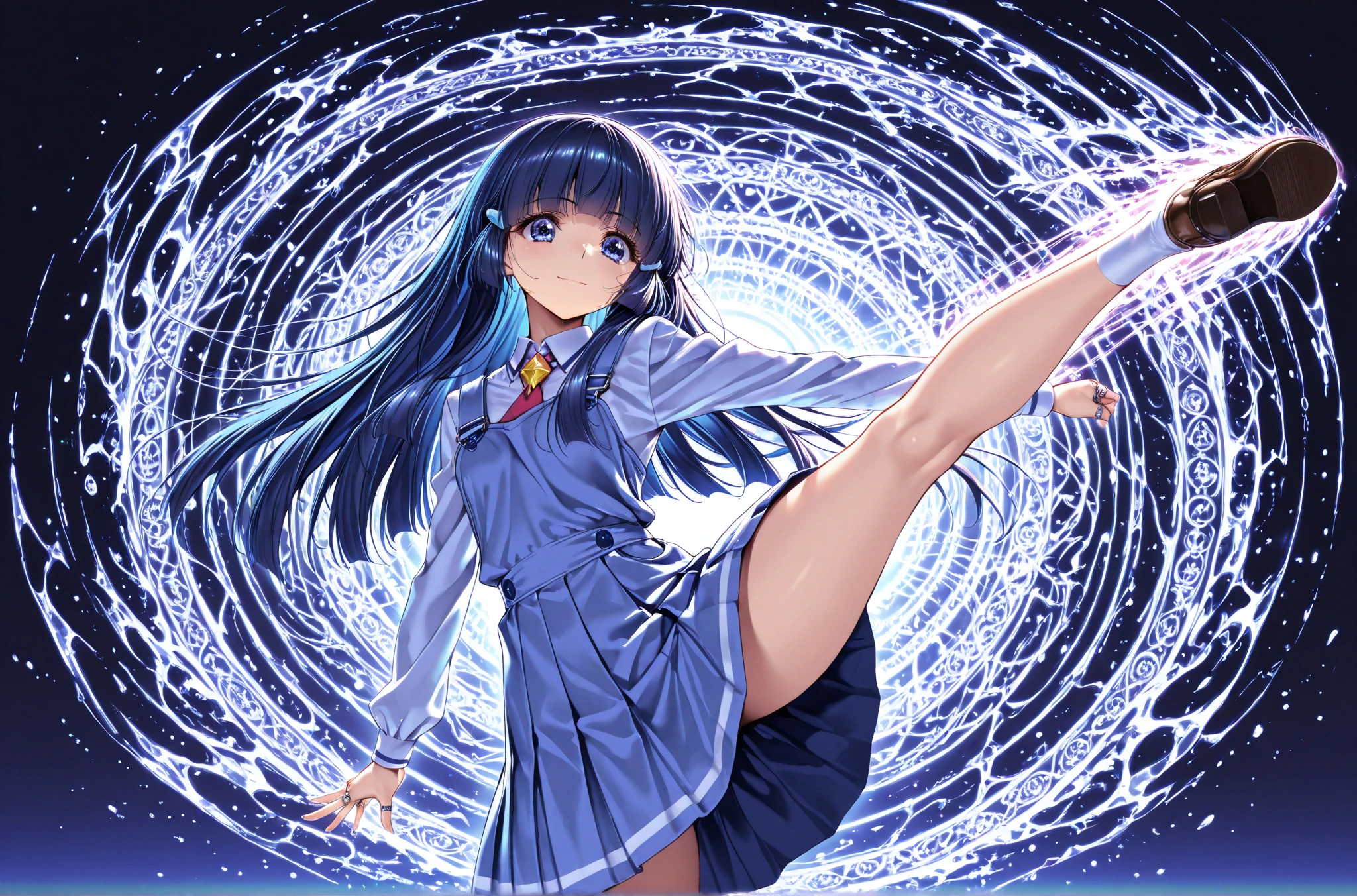 anime girl in a blue leotard spinning like a tornado, superhero, bare legs, boots, perfect anatomy, female anime hero, spinning while standing, raised arms, rapid gyration, tornado winds
