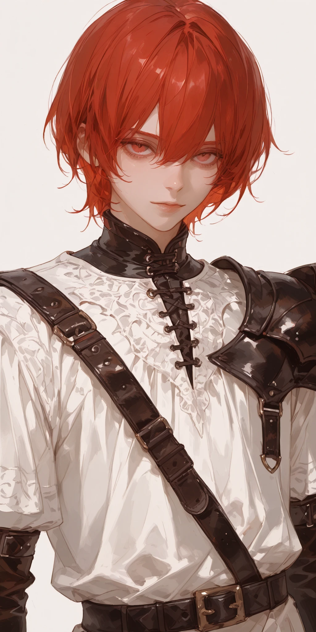 best quality, masterpiece, ultra detailed, atnr, SagawaStyle, 748cmstyle, 1male, CHARACTER FOCUS, minimalist, simple background, overly detailed pupils, red eyes, white tunic, striking red hair, short hair, looking at viewer, leather protector, handsome, masculine, half closed eyes