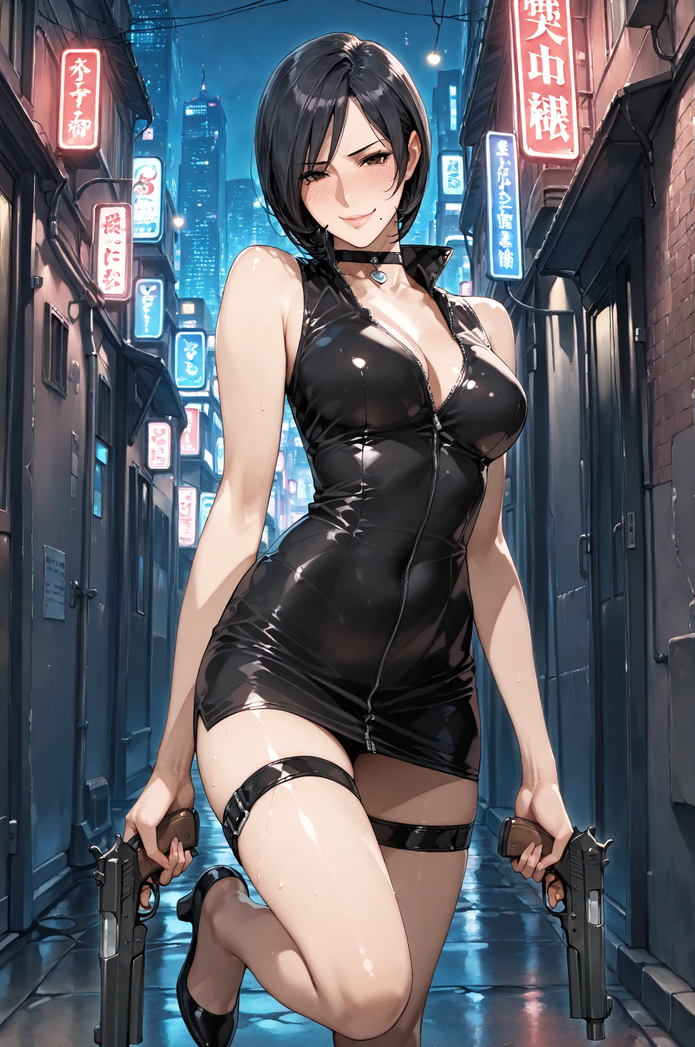 girl bounty hunter,(((1girl))),((anime girl with extremely cute and beautiful black hair walking seductively down the street)),
(large breasts:1.4),saggy breasts,(((black hair:1.35,straight hair,long hair:1.4,colored inner hair,ear breathing,ponytail hair,long hair,dark hair,black hair,long braid,colored inner hair))),((aqua eyes:1.3,upturned eyes:1.3,perfect eyes,beautiful detailed eyes,gradient eyes:1,finely detailed beautiful eyes:1,symmetrical eyes:1,big highlight on eyes:1.2)),((fat)),((((pale skin,lustrous skin:1.5,bright skin: 1.5,shiny skin,very shiny skin,shiny body,plastic glitter skin,exaggerated shiny skin,shiny skin like ebony))),(spider lower abdomen,narrow waist,wide hip,athletic body,inflated legs,delicate detailed fingers,detailed body,detailed arms,human hands,(detailed face)),
cute,slutty,seductive,erotic,(((nsfw))),
zettai ryouiki,revealing clothing,show skin,((bounty hunter outfit,visible thong straps)),(wearing a bounty hunter outfit:1.3,bounty hunter clothes),(detailed outfit,detailed clothes),
(dynamic pose:1.0),solo focus,((evil smile,evil look)),centered,scale to fit dimensions,Rule of thirds,
outdoors,((night view)),(cyberpunk night street Background: 1.5,dark sky,alleyway,lonely alley,thick clouds,detailed background:1.25),
(best quality),(high resolution),(sharp focus),(ultra detailed),(extremely detailed),(extremely high quality artwork),8k_wallpaper,(extremely detailed CG 8k),(very fine 8K CG),((hyper super ultra detailed perfect piece)),flawless,(((masterpiece))),illustration,vibrant colors,(intricate),High contrast,Selective lighting,Double exposure,HDR (High Dynamic Range),Post-processing,Background blur,