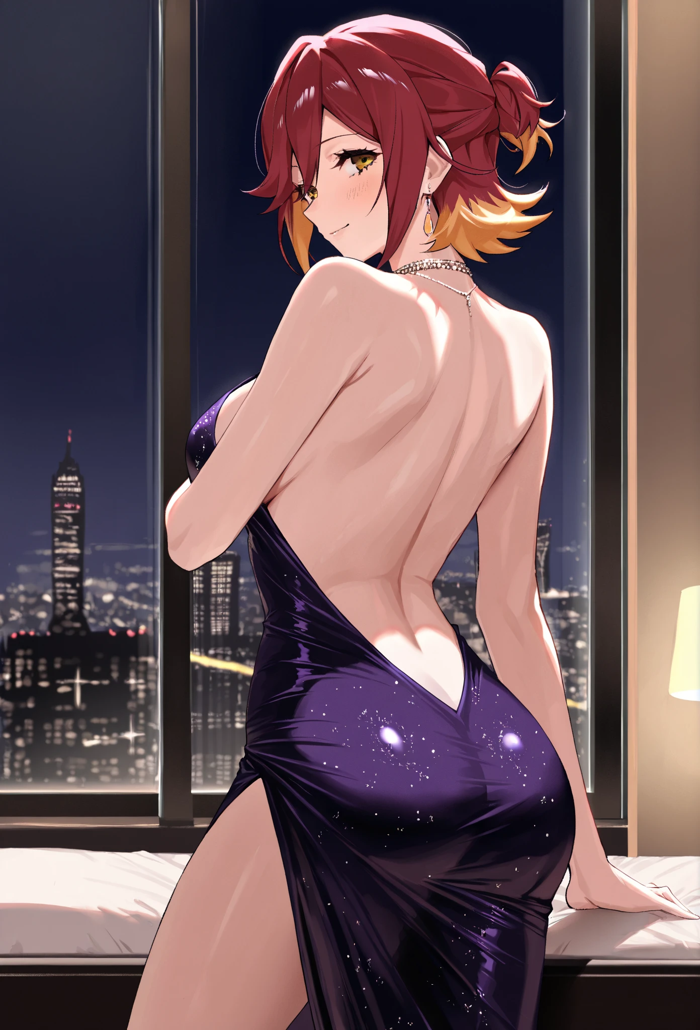 1girl, solo, long hair, looking at viewer, smile, large breasts, dress, bare shoulders, jewelry, underwear, purple eyes, panties, purple hair, ass, sidelocks, earrings, parted lips, looking back, from behind, nail polish, bracelet, covered nipples, see-through, black panties, sideboob, back, sunglasses, revealing clothes, eyewear on head,star-kafka, (mature female:1.4),realistic,