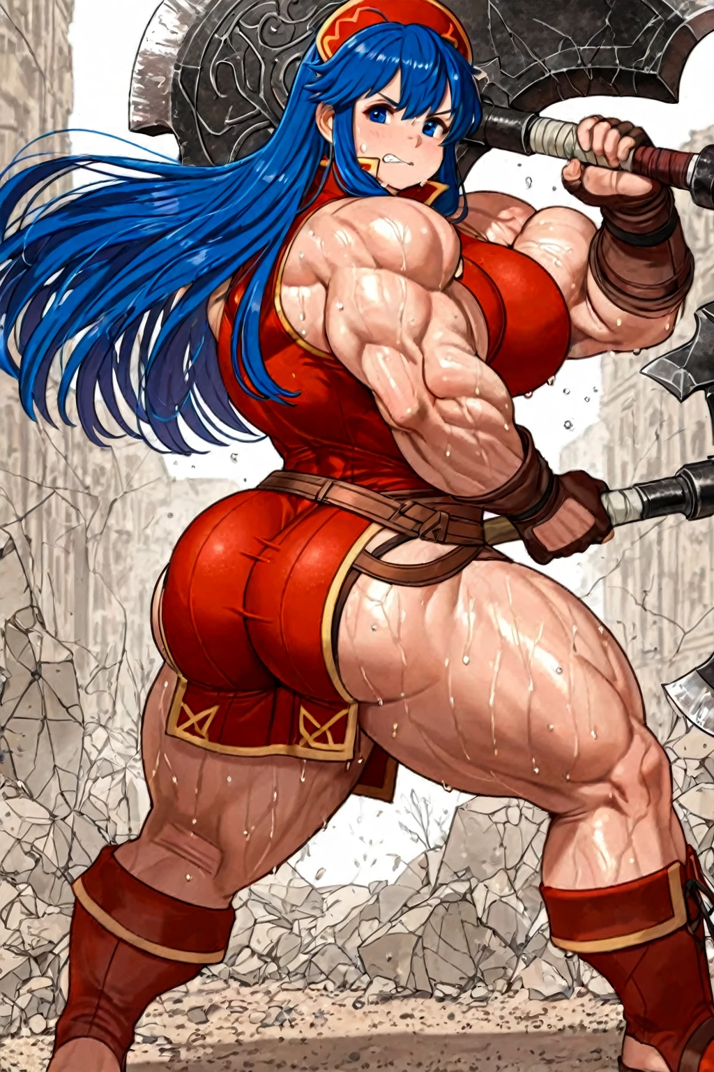 barbarian, muscular female, pink hair, standing, 1character, huge breast, full body, blush