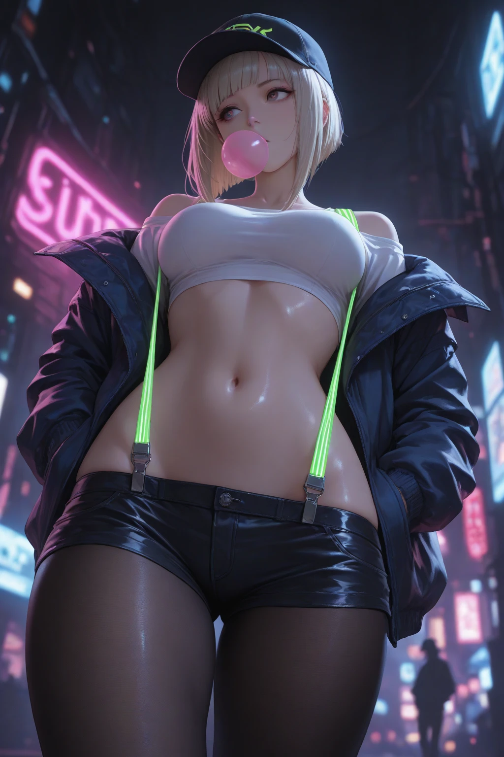 (best quality, 8k, highres, photorealistic:2.0), (solo, one girl:2.0),(lighting:front),(lighting: strong),(Russian Beauty:2.0),(very muscular girl:1.5),(bodybuilder girl:1.5),(shiny skin:2.0),(oily skin:1.5),(platinum blonde hair:1.5),(raise both arms behind your head:1.5),(high heels:1.5),(lewd girl),(cyberpunk location:1.9),(((tiny micro bikini bodybuilder uniform))),(She has a tremendous orgasm with intense climax:2.0)