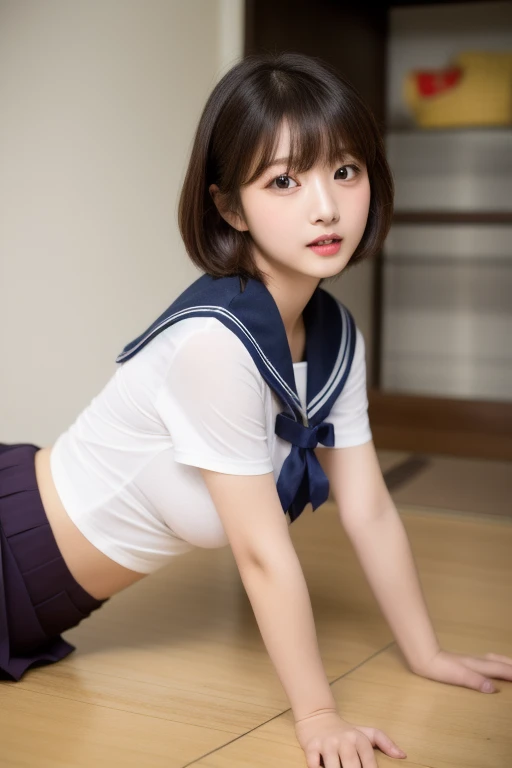 (masterpiece, 高いest quality:1.2), 8k, Official Art, RAW Photos, Unbelievably absurd, (Sleeveless sailor suit、Pleated skirt:1.4), A stunningly beautiful 16-year-old girl,((Put your hands on your head、Armpits are visible))、驚くほどかわいいsmile,(((The front of the shirt is open、Beautiful breasts are visible)))、smile、 (Pleated skirt:1.1), close, , Short sleeve, smileで聴衆を見てください, No makeup, Film Grain, chromatic aberration, Sharp focus, Face Light, Dynamic Lighting, Cinema Lighting, Detailed eyes and face,short hair、(((White skin)))、Bright bedroom、super slim t高いs、((Her cute light blue panties are visible through the、Beautiful crotch))、((((both hands)))),((((Very young looking girl:1.3))))、(Very young and big boobs:1.2)
