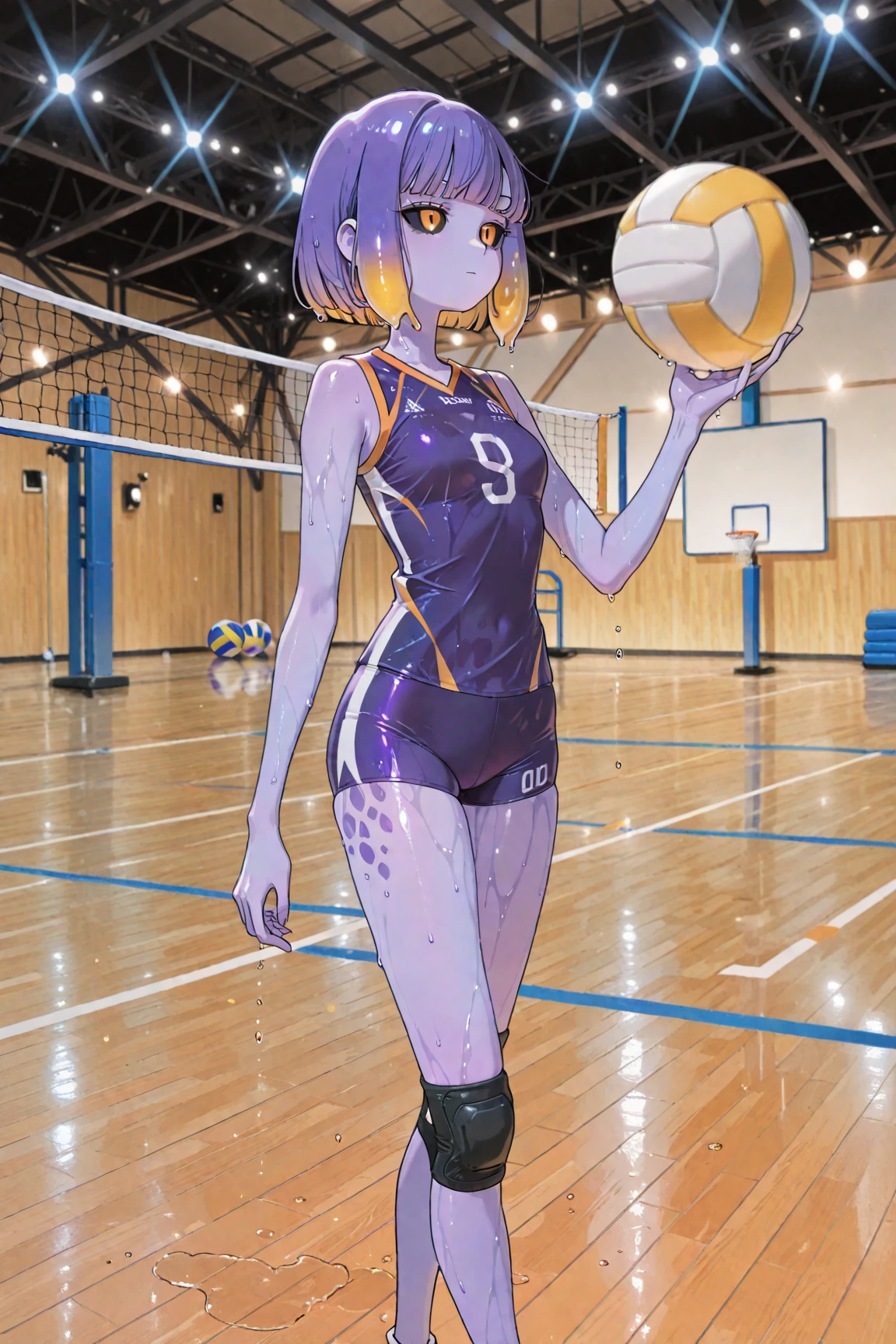 (Masterpiece, best quality: 1.7), solo, 1 girl, Tatsumaki, smile, mouth closed, looking at the audience, basketball in hand, standing on basketball court, medium breasts, (loose basketball suit: 1.6).