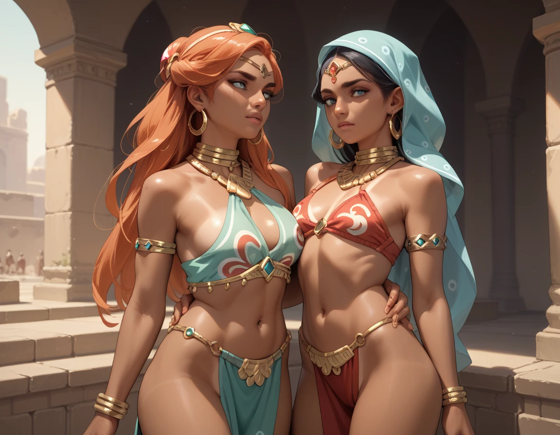 Highly detailed color RAW photography, two beautiful young black girls, (sexy dancing in the sultan's harem), back, (slim), (detailed skin), (detailed lips), (detailed eyes), (flowers, fruits), (rainbow bridge: 1.4), (sci-fi setting) (detailed face), (figures), detailed eyes, chromatic aberration, depth of field, soft lighting, masterpiece, best quality, intricate, (flash: 0.7), (bloom: 0.7), particle effects, ray tracing, tone  mapping, high detail, concept art, smoothness, sharp focus, dramatic lighting, highly detailed illustrations, cinematic, hyper-realistic painting, trends on Artstation, 8K, incredible shadows, realism (highly detailed background: 1.2), art by midjourney
