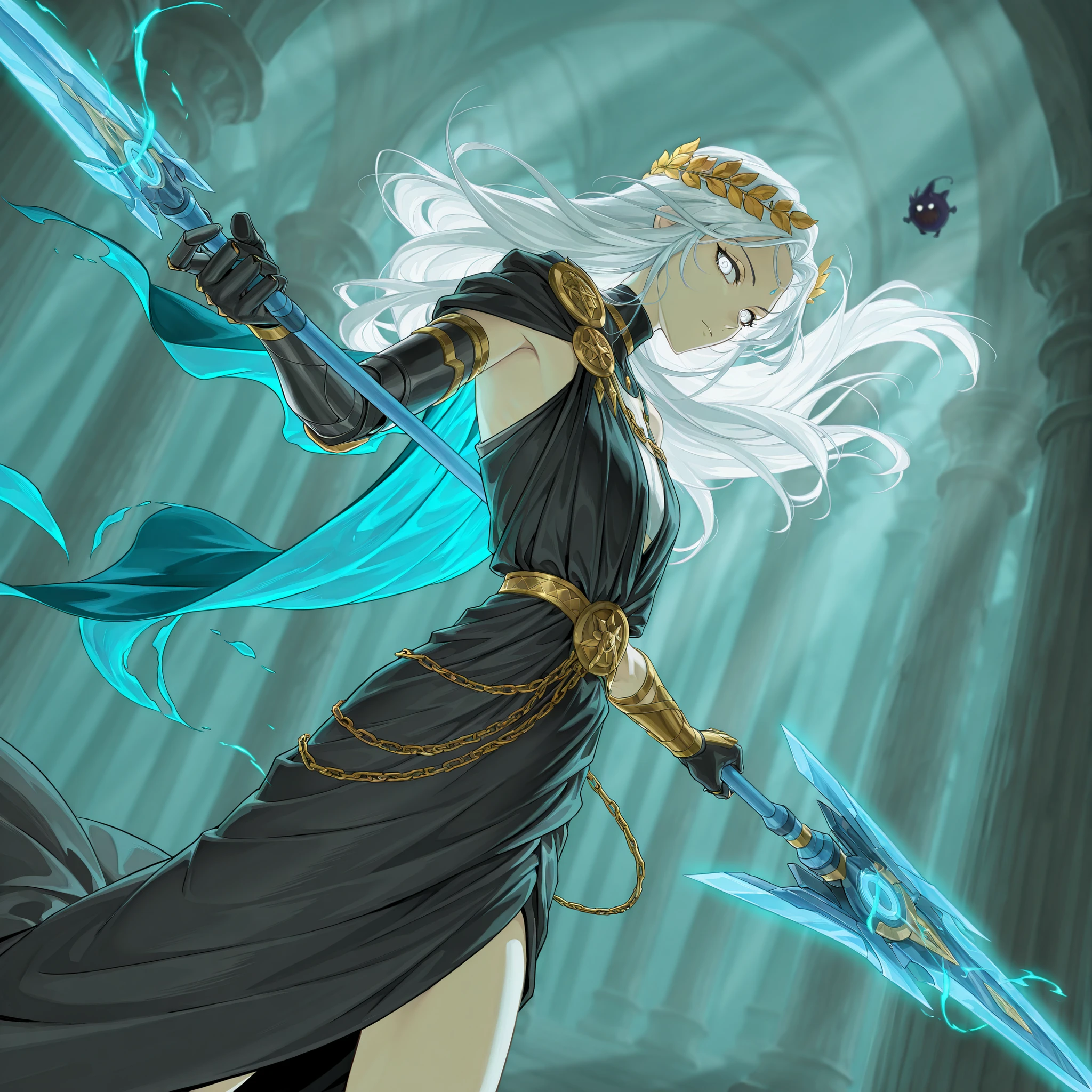 close up shot, from the side, dynamic pose, three quarter shot, dutch angle, looking at viewer, mature, 1girl, solo, masterpiece, best quality, amazing quality, very aesthetic, high resolution, ultra-detailed, dramatic lighting, CG art, absurdres, scenery, (FuHua, Fol005, Fh_Hos:0.66), flat chest, white hair, white eyes, carapace, shoulder cape, black dress, synthetic armour, nanoweave, (greco roman dress, greek dress:1.4), wielding lance, long spear, glaive, warrioress, priestess, laurel crown, glowing cape, Vergillius, LionLimbus, cosmic weapon, asymmetrical clothes, boss enemy, villainous, ornate clothes,