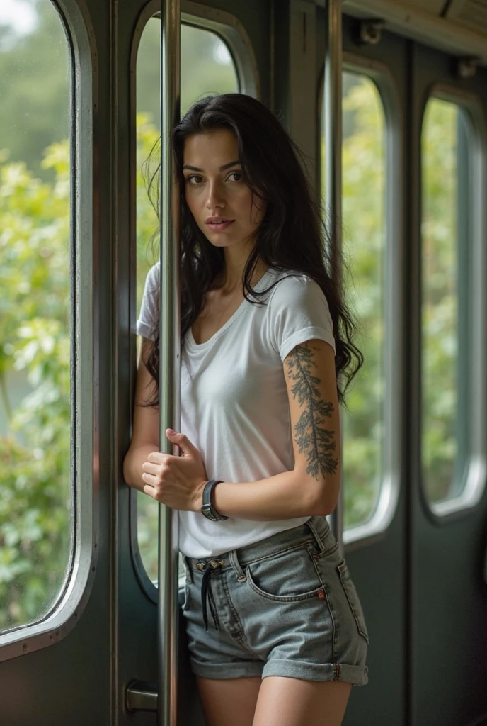 RAW photo, tatgirl, clothed , arm tattoo, sitting on a train, sunlight, window, (pale woman with long brown hair:1.1), sitting, (high detailed skin:1.2), 8k uhd, dslr, soft lighting, high quality, film grain, Fujifilm XT3, <lora:NSFW_Tattooed_Girls_v1-000001:0.7>