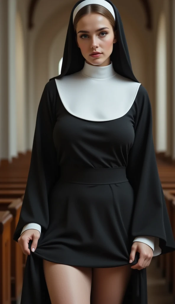 (masterpiece:1.2,Exceptional Quality,mirror-like,Cinematic Experience,Photorealistic:2.0,RAW Photos:2.0),8k,wallpaper,,(1 female,Beautiful Skin,Beautiful Face,,(Alluring face:2.0),front,Nuns,(超タイトな丈の短いNunsの衣装),(Beautiful Church),(Super-functional:2.0),(Super sexy:2.0),(Super big breasts:2.0),(Super thick thighs:2.0),(Beautiful female hands:2.0),(Detailed Female Hands:2.0),(A woman lifts her skirt to show her panties:2.0),(White lace panties:2.0),(From below:2.0),(stockings:2.0),(80&#39;s European porn style:2.0),(Sexy Makeup:2.0)