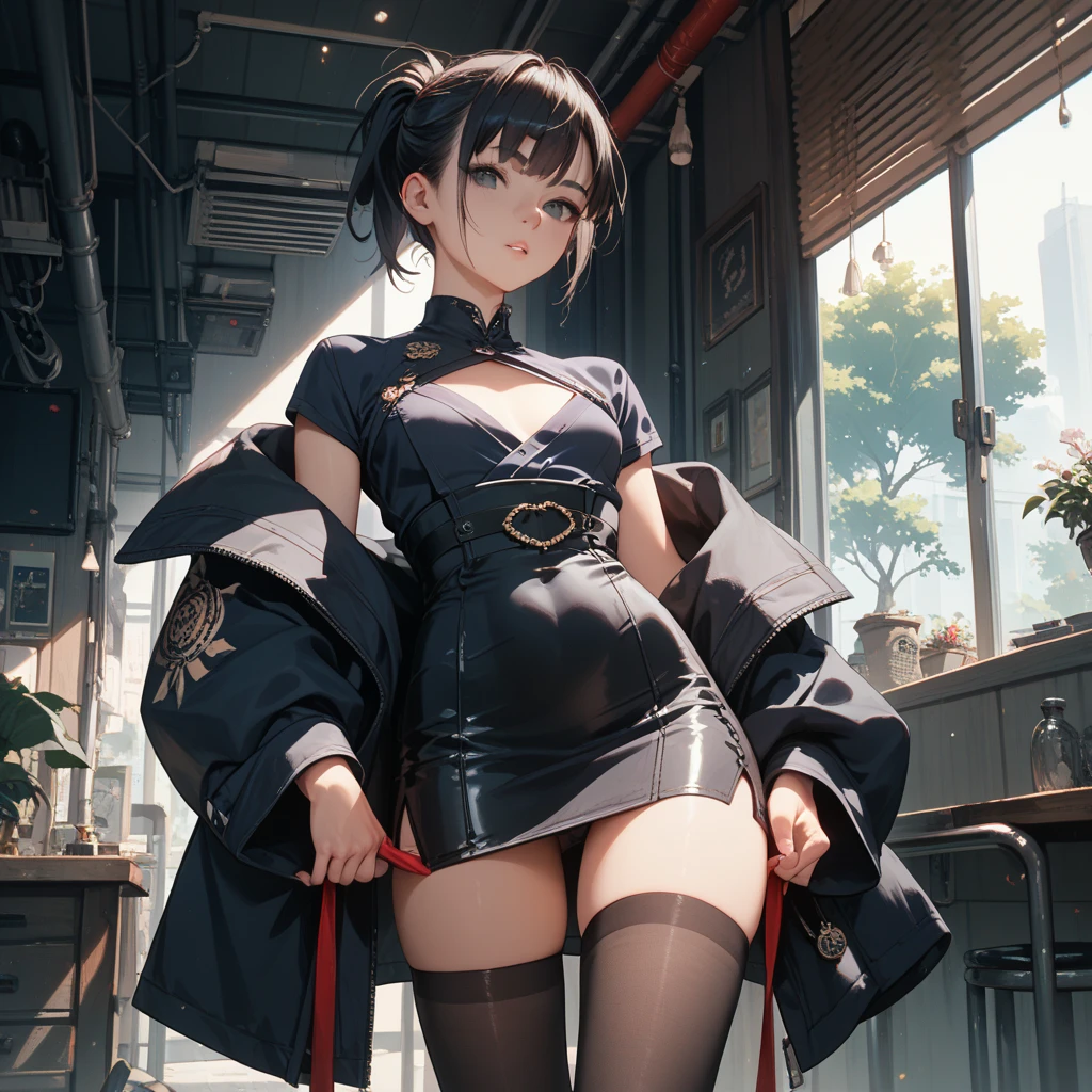misakiao, 1girl, masterpiece, highly detailed, absurdres, illustration, game cg, solo, hair ribbon, looking at viewer, blush, city street, (bunny), bunny ears, strapless leotard, detached collar, pantyhose, high heels, standing