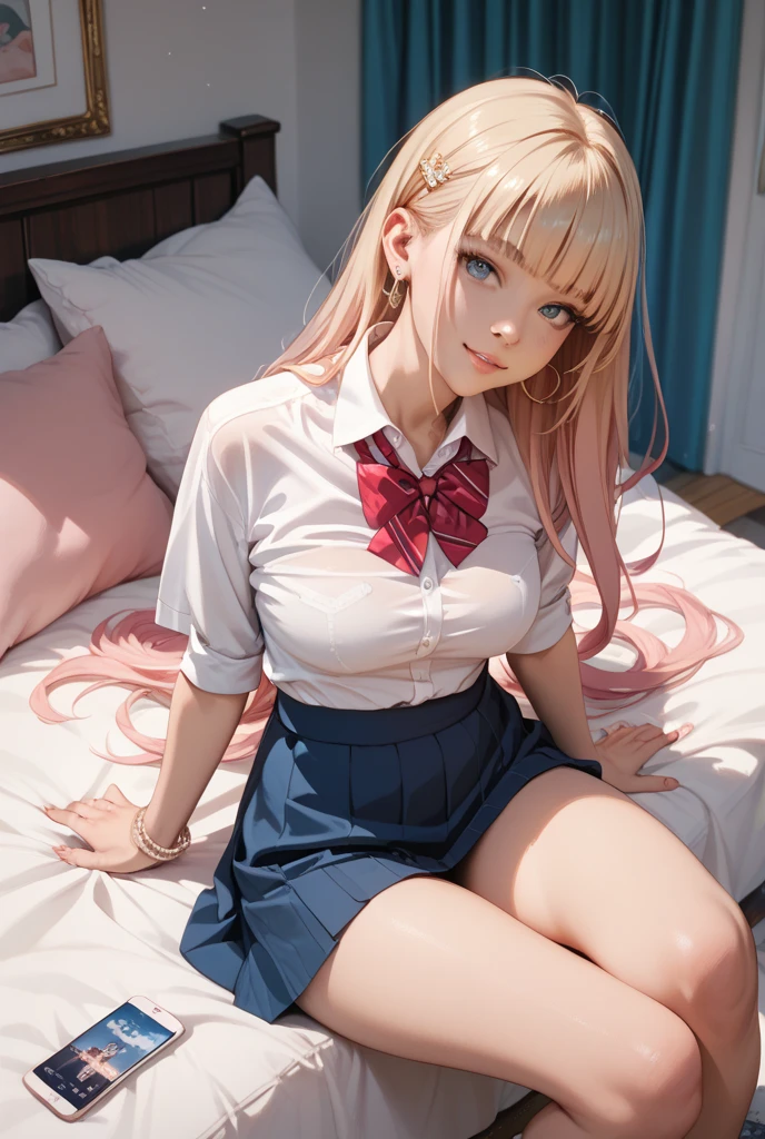 photorealisim、top-quality、超A high resolution、NSFW、Japanese high school girl、18year old、Girl in uniform sitting on bed、low angle shot:1.5、M-shaped legs:1.4、She opened her legs wide:1.5、Sitting with your knees bent and your legs spread、((Show panties:1.5))、sexy look at the camera、((blondehair))、((Pink Silk Panties))、Close-up in panties:1.4、Light blue shirt、Dark blue tartan plaid pleated skirt、Dark blue socks、Detailed cute and beautiful face、(pureerosface_v1:0.008)、Brown-eyed、eye liner、red blush、embarrassed from、glares、 shiny lips: 1.4, impatience、Frightened、glares、Panty appeal、Close-up in panties:1.3、red blush、is crying、Crying、Open knees、open one's legs、Disheveled clothes、Dressing、Medium Long Hair,In the bedroom、Anatomically accurate human body、perfect arms、perfect hand、Perfect fingers、perfect leg、accurate human body