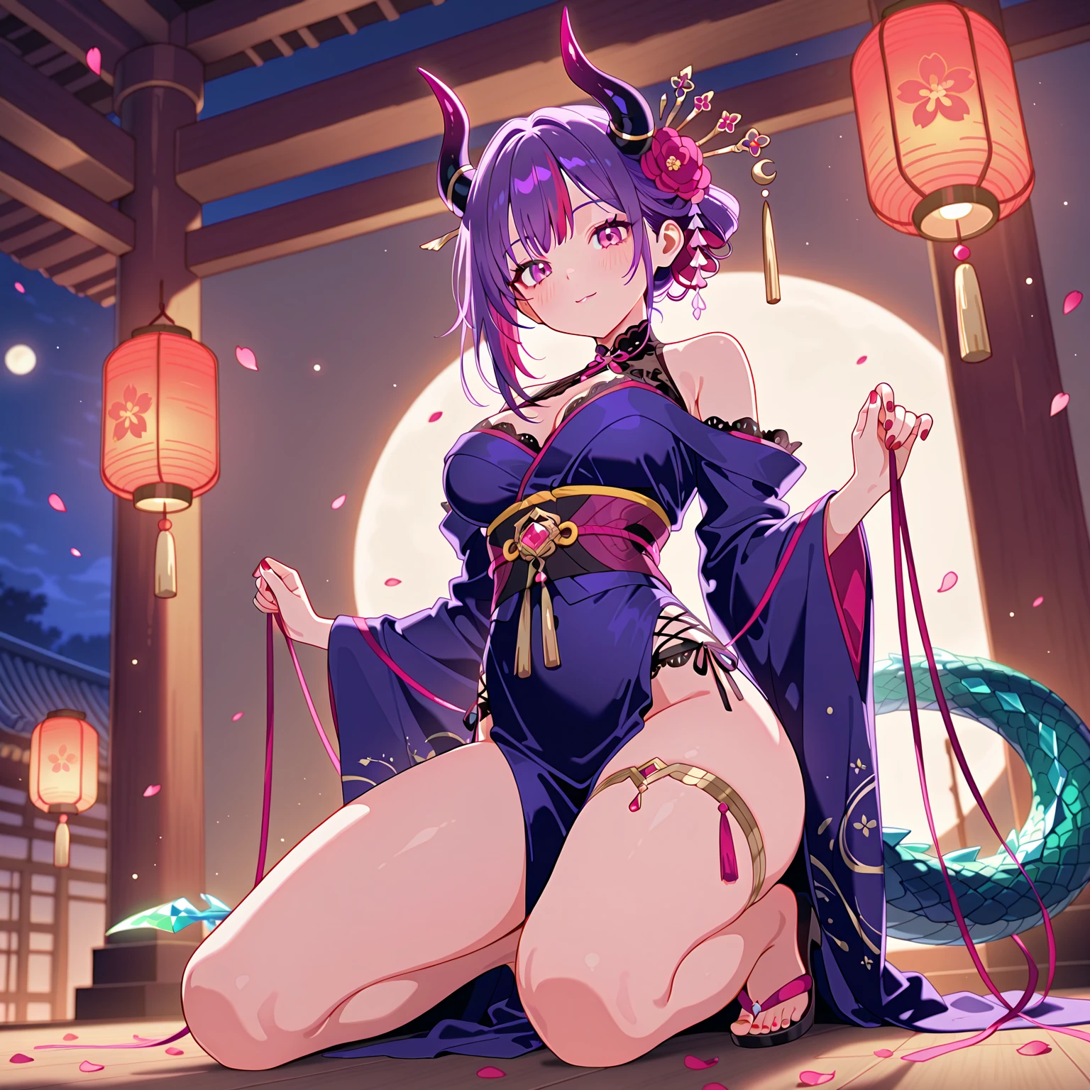 1 women, Raiden Shogun - genshin impact, long purple hair, violet eyes, in chinese room, nudity, nude, sexy, full body, smile, pervert, night