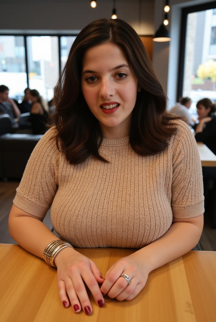 8k wallpaper, masterpiece, Highest quality, Very detailed, One Mature Woman, 50 years old, Become very clear, Wearing a short-sleeved knit, Skin dents, Captivating smile, Looking at the audience, No lapel microphone, Plump, Curvaceous, Attractive face, Smiling with teeth showing, I was happy, sitting in a cafe, Background Blur