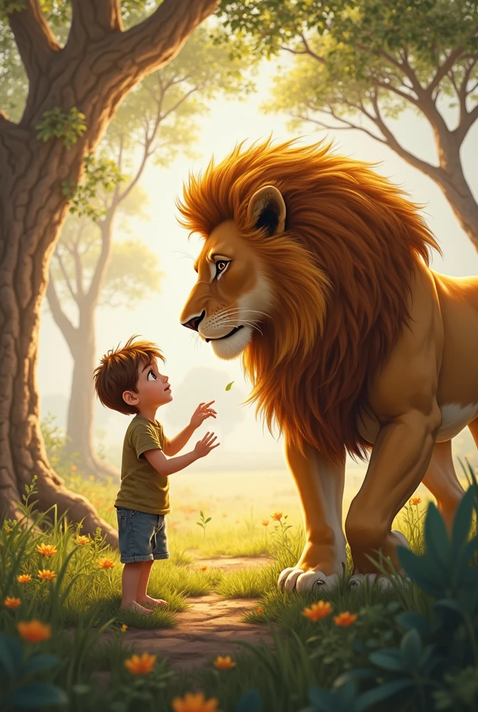 A boy with lion in jungle Around some other animal
