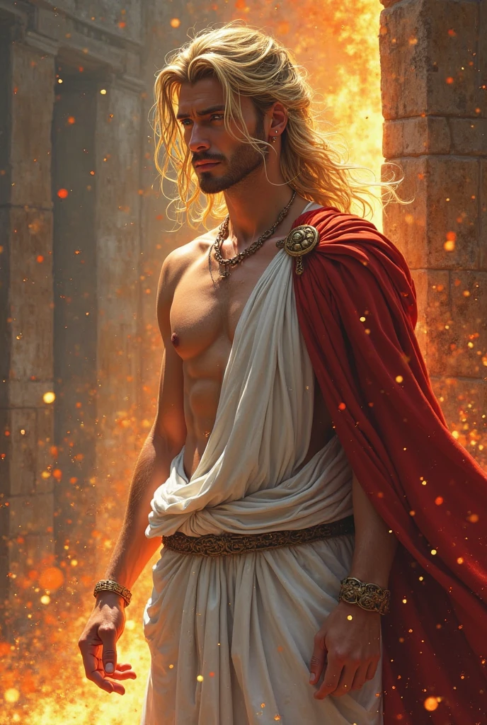 ((artwork)) ((body completo)) ((30 year old man)) body: brownish skin, high, muscular, ((body hair)) ((platinum ruby hair)) male face, barba, beautiful eyes, detailed eyes ((Gold colored eyes)). Expression: Seductive, sonrisa Seductive. CLOTHES: Red Greek Cape, TOGA BLANCA, Gold ornaments, greek prince ornaments. pose: dynamic. scene: greek temple, Greek columns. Decor: winter, decoración de winter brillante, Wonderful lighting.