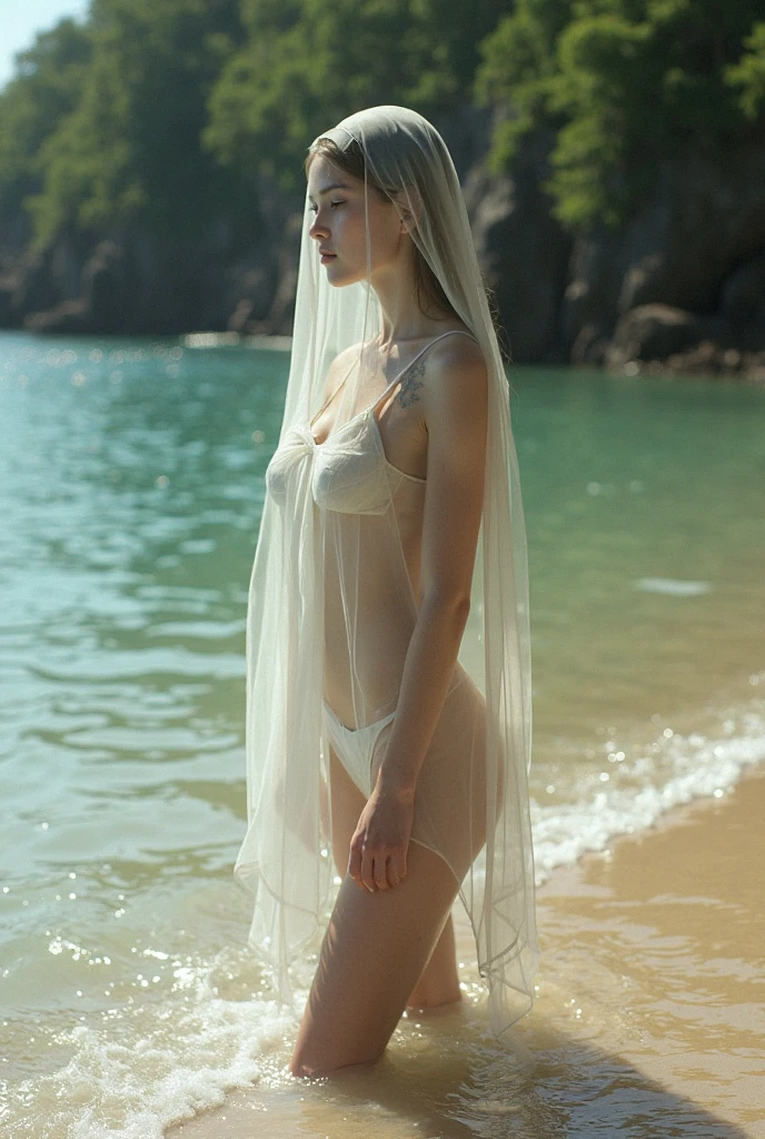 Wet Blonde woman in the ocean wearing see through white shawl, coming out of the water, raining