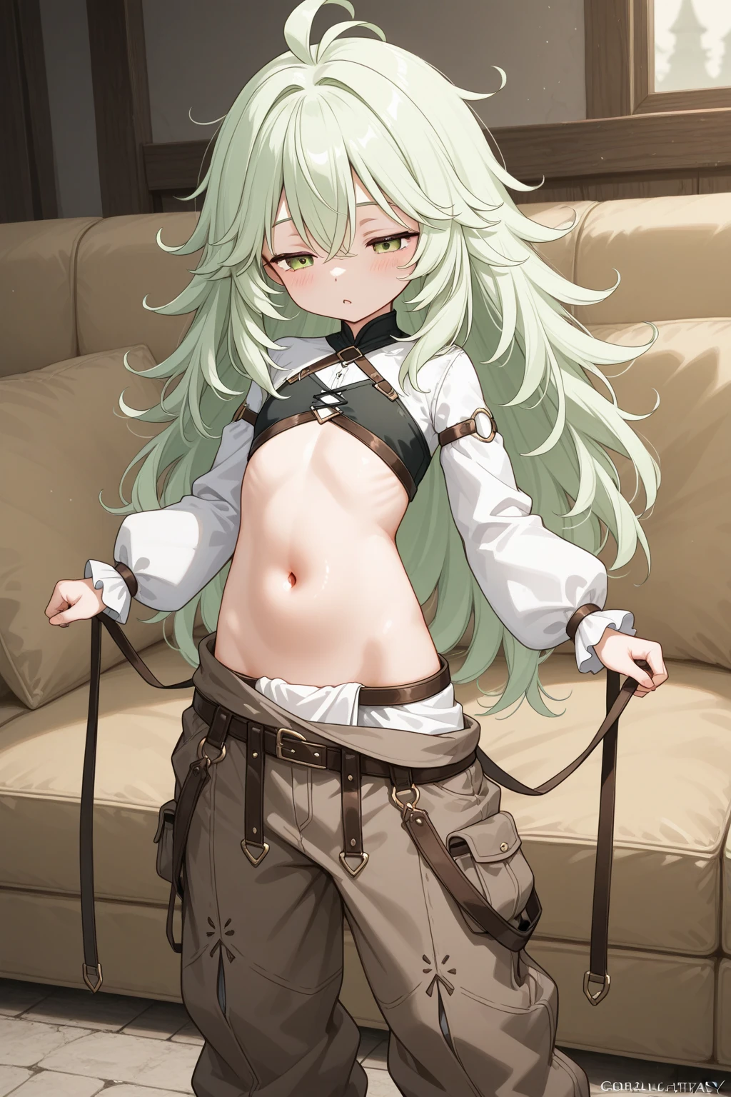 masterpiece,best quality,highres,1girl,green hair,long hair,((sidelocks)),((hair bow)),green eyes,brown shorts,short shorts,belt,tall,(flat chest:1.8),(black_thighhighs:1.5),(boots short:1.3),BREAK (topless:1.2),pointy_ears,elf,(bangs:1.2),(bunches:1.2),bow,black_bow,hair_between_eyes,BREAK (((full_shot:1.3))),(beautiful detailed eyes:1.6),extremely detailed face,perfect lighting,extremely detailed CG,(perfect hands, perfect anatomy),In the street,skinny thigh,((slender_waist:1.2)),((absolute_territory:0.8)),