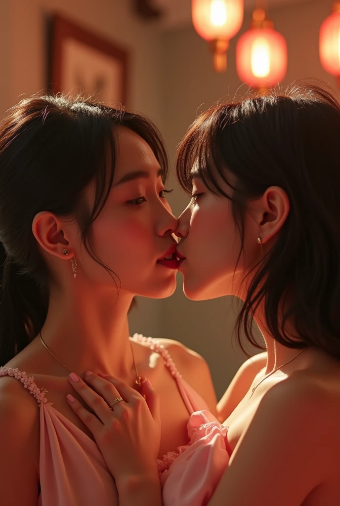 From woman to woman、embracing each other、profile、hposing Gravure Idol、((top-quality、in 8K、​masterpiece:1.3))、Raw photography、barechested、tits out、