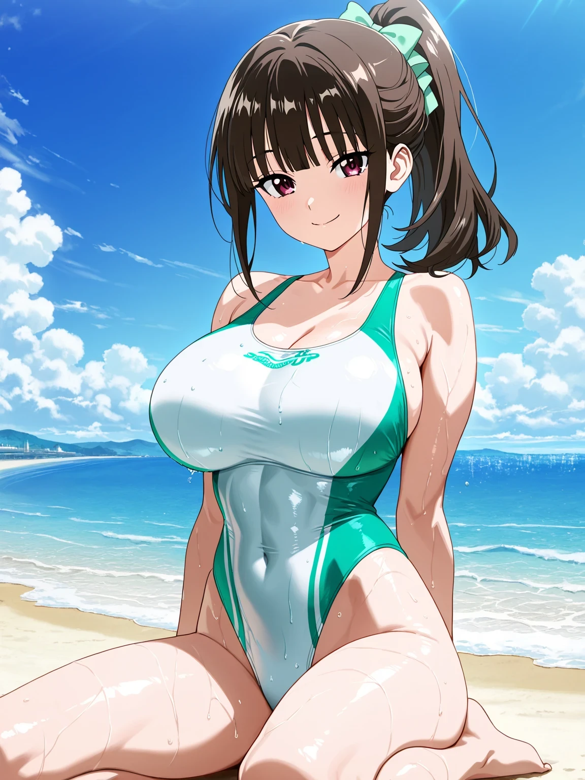 Highest quality, masterpiece, Ultra-high resolution, (Realistic:1.4), RAW Photos, Intricate details, Big beautiful eyes, Perfect contours, masterpiece, One Girl, ((Junior high school student:2)), Braided Bob, (aerial view:2), (perky breasts:2, high breasts:2), (curvy waist:2), Competitive swimmer, (one piece:1.5, turtleneck,Sleeveless swimsuit), ((Metallic Green Swimsuit:1.5)), ((tight high leg swimsuit:1.5)), ((shoot from below:2, looking away:2)), (Close-up of the belly button:1.5)、Portraiture, ((Standing on the edge of a cliff:1.5, Hesitant to jump:1.5, Incredibly high sheer cliffs:1.5, Stand at the highest point overlooking the surrounding area, peer down the cliff)), (Anxious expression、His mouth is twitching with fear), Wet Skin, (Underarm)、Nothing in my hands、
