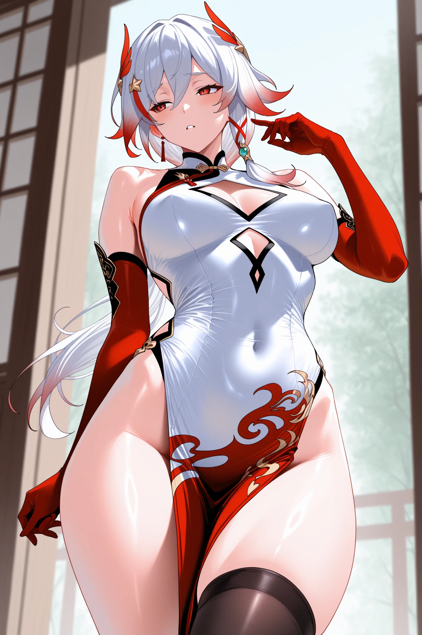 20 year old young woman( Long white hair ),(bright red eyes)<=(eyes HD lighting) (has red lips), beautiful eyebrows (badass expression) both hands have red bracelets on the arms (wears clothes made of transparent white cloth) (sexy white underwear model Garter Belt ) (has 6 large wings with a beautiful bright green color) (He wears gold bracelets on both feet) (sky setting at sunset) (there is an effect of bright red particles flying in the background, (flying) (pose during serious fighting) <=(lunging forward)giving an elegant and epic impression.dark atmosphere with bright particle light(many effects in background)