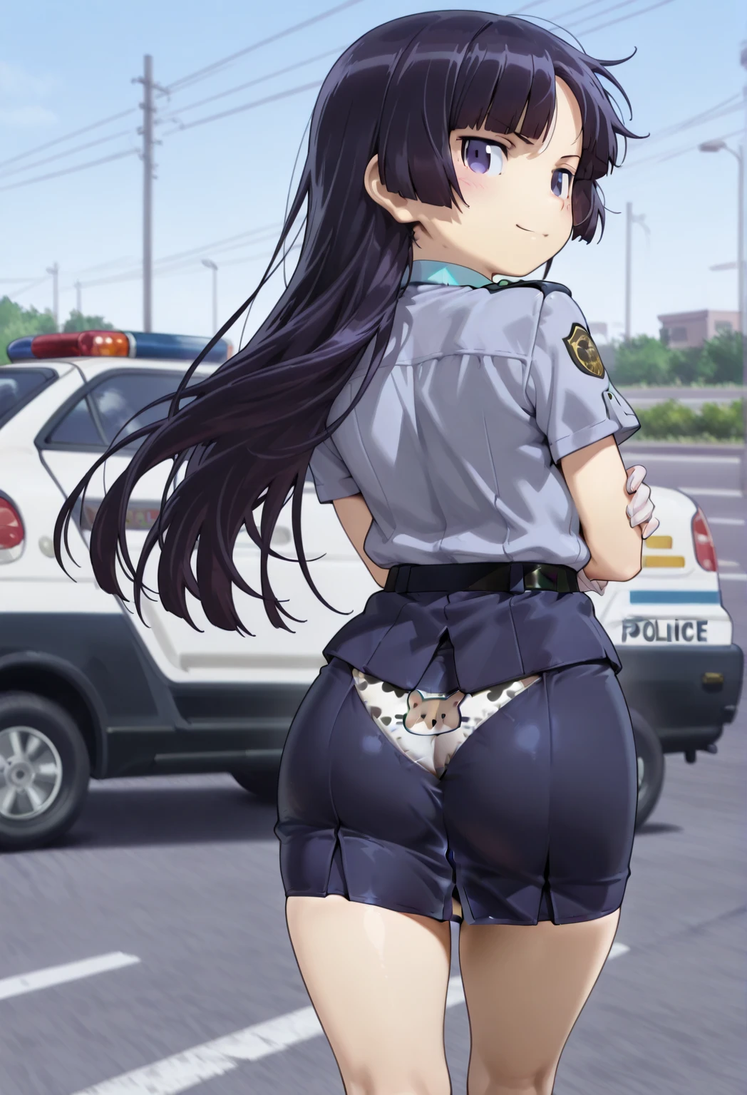 nsfw, (masterpiece, top quality, best quality, highly detailed:1.6), extremely detailed CG unity 8k wallpaper, strong facial expression, (sharp eye:1.2), (scowl:1.1), (embarrassed,blush:1.3), (steam:1.8), (wet:1.2), (sweat:1.1), (trembling:1.3), (open mouth, wavy mouth:1.4), (harf open eyes:1.5), (feeling weak:1.5), (shoot from front, looking at viewer:1.2), (squatting, skirt lift, clutching skirt:1.6), (Japanese police car behind), (downtown street, outside police car, next to the police car), (1 woman, outdoor, police uniform:1.4), ((Blue Shirt, Pencil Skirt)), Police hat ,The background is a street corner, shoes, (long hair, brown hair, pubic hair, Brown:1.5), (woman trembling with sexual climax:1.5), (at midnight), night, at dawn, colorful, full body, wide shot, perfect composition, (chrotch, pussy, urethra, panty, panties), urination, incontinence, piss, peeing self, A lot of pee, having an accident, pee running down legs, panties around one leg, (((pee stream))), (pee puddle), wetting herself, pee stain, peeing, blush, trembling, embarrassed, large breasts, Yellow pee, ((leaking pee)), Shaking one's shoulders, Breaking a sweat on forehead, puddle of pee, Pee at your feet, Pee spread on the floor, Pee stains, Dripping pee between my legs, Feet wet from pee, Pee-covered feet, Pee at your feet, want to pee, about to pee, Full bladder, Pee-soaked skirt, Pee-soaked shoes, natural makeup, A pair of partially removed panties is hanging around one of her ankles,