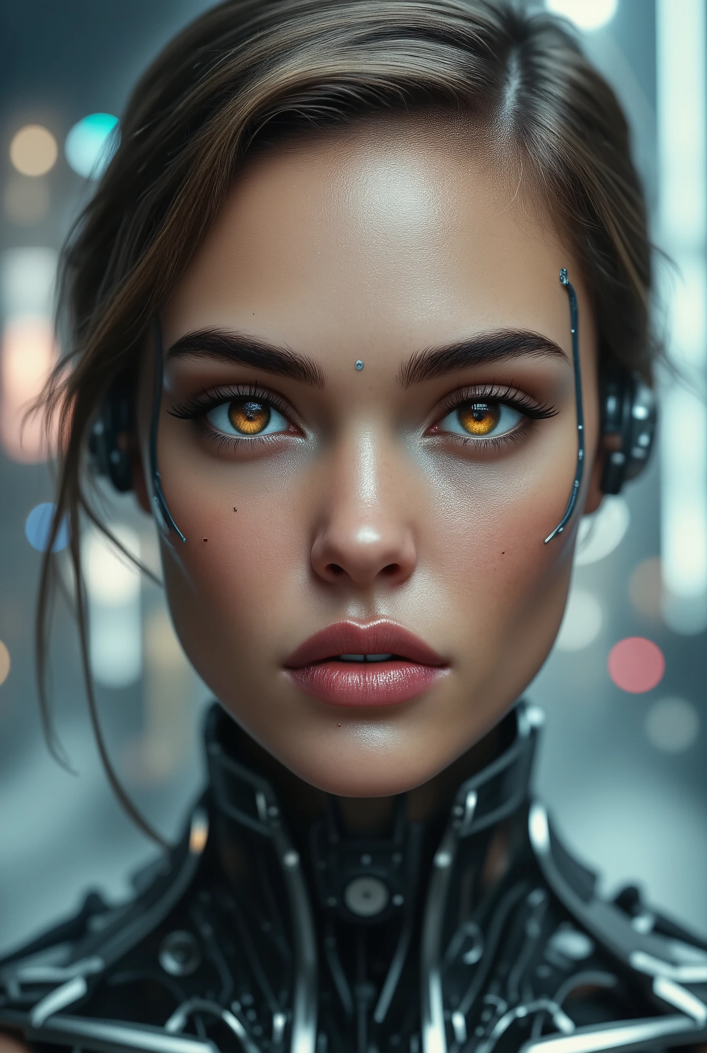 A futuristic robot woman stands, her cybernetic robot attire glistening under soft even lighting. Her medium-bodied figure is centered in a medium-shot, as she locks eye contact with the viewer, her gaze piercing through the digital haze of the cityscape behind. Every detail of her face and eyes are meticulously rendered, inviting us into this futuristic world where technology meets humanity.