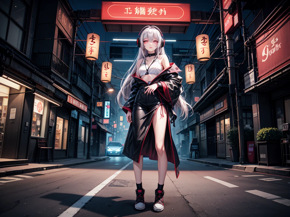 One Girl, Gray Hair, Long Hair, Techwear masterpiece, highest quality, Realistic, realism, Dark purple jacket, Portraiture, fine grain, wearing a headset, Platinum Hair, 21 year old girl, Fashion pose, Half Body, Wide Shot, on the road, cyber punk,(((He has many tattoos all over his body)), (((Tight waist))), ((Big Breasts)),(See-through),panties,nipples outside