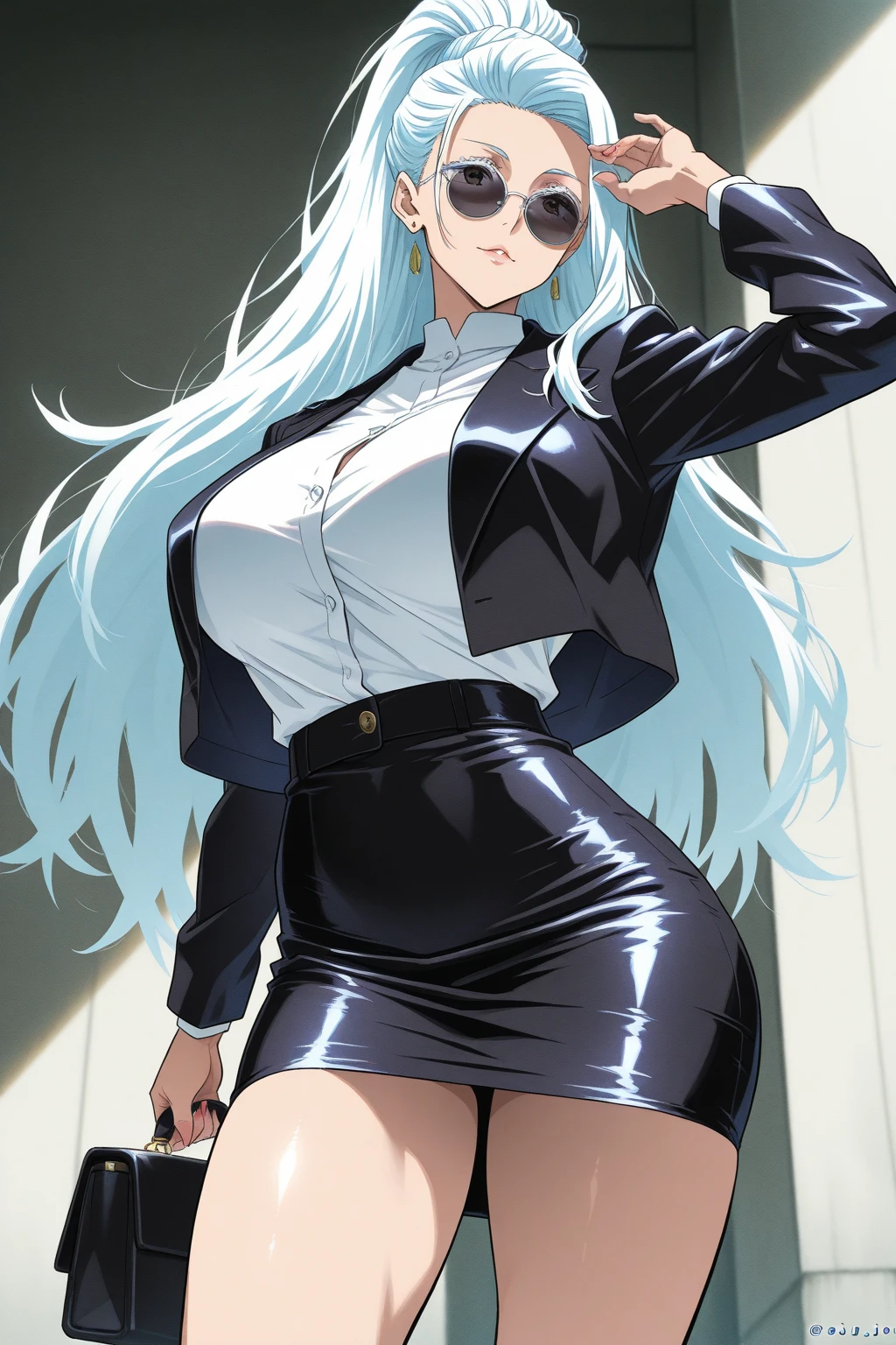 1girl,(long face),(id card),(masterpiece:1.2), (best quality:1.2), heavy breathing, perfect eyes, perfect face, perfect lighting, slim, mature female, large breasts, cleavage, erect, business suit, very long hair, silver hair, wavy hair, red eyes, earrings, ring, short skirt, skirt lift, dress lift, lifted by self, office, detailed background, heavy pubic hair, black underwear, teeth hold, blush, heart eyes, happy smile, looking at viewer