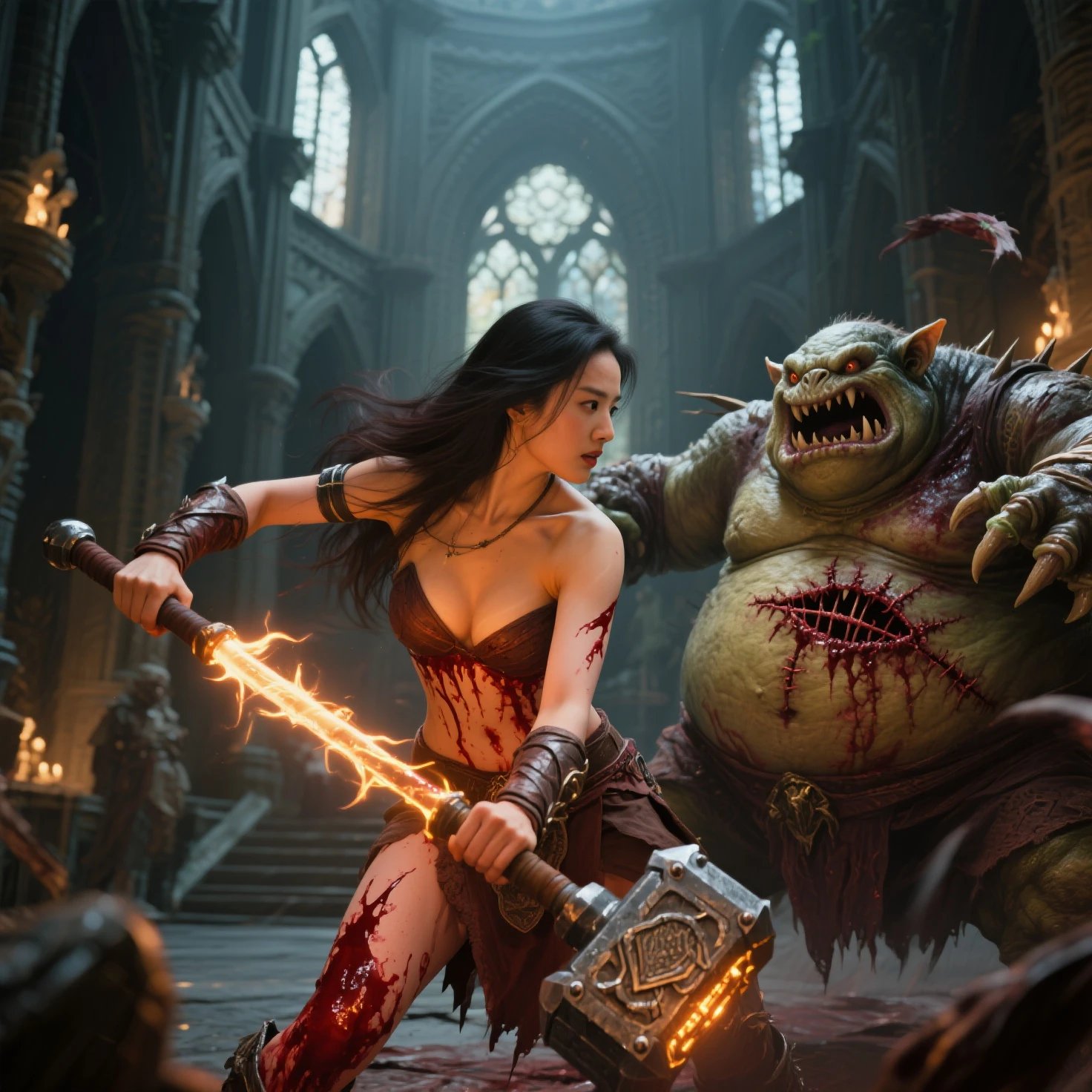 (Nswf), Undead evil nurse in a kneeling pose sucks a pennis of orc, (oral rape:1.4), (oral sex:1.3), (suck dick), violence, rape of mouth, coercion to oral sex, torn panties, hand on head