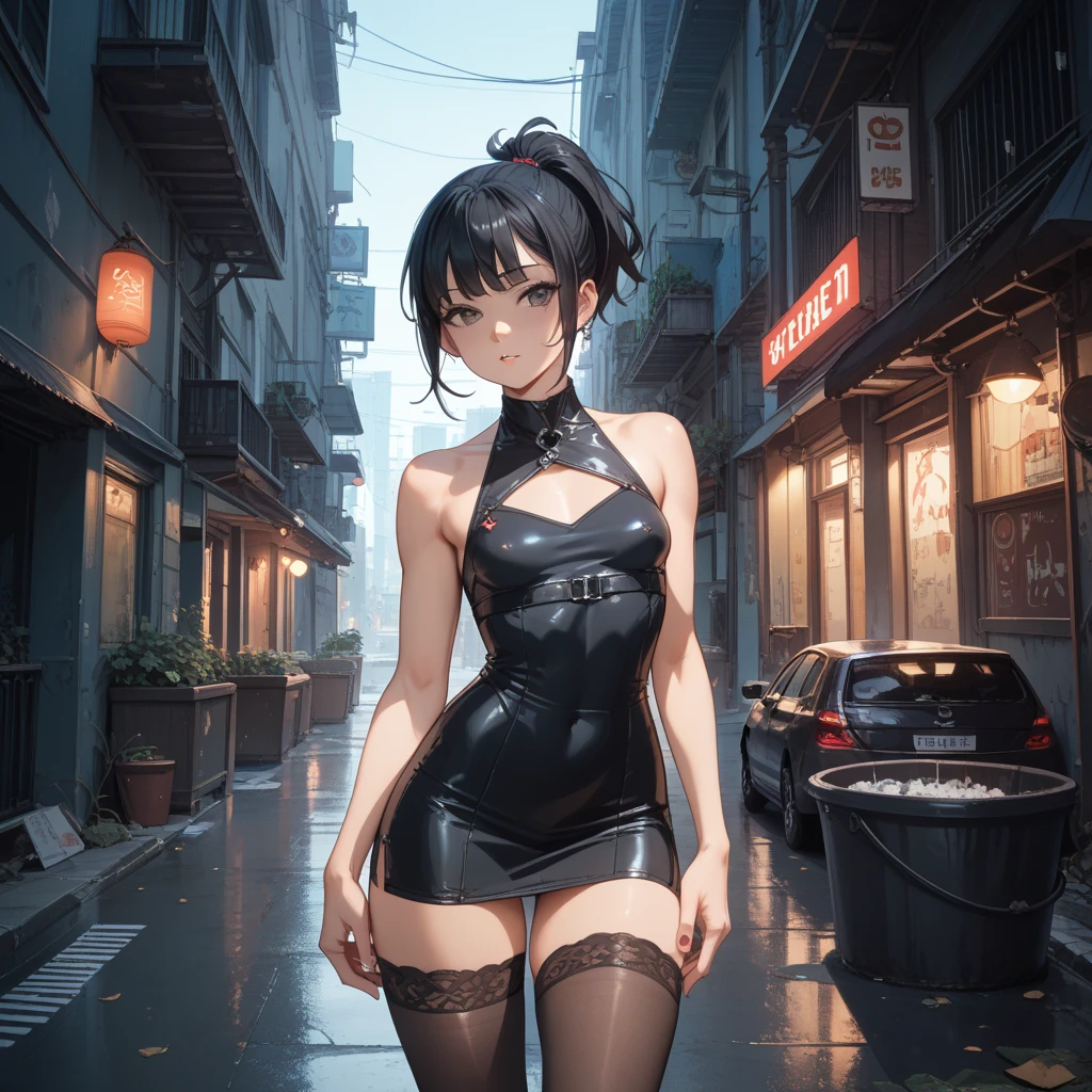 (Masterpiece, Best Quality, Ultra Detailed:1.3), Perfect composition, 4k, (Extremely detailed, hyper detailed), soft-lighting, Raw, HDR, 8k текстур, Extreme detailing, high detail skin texture, epic details, High Sharp, 1girl, (A detailed eye:1.3), (18 years old girl:1.3), (Skinny), (big breasts), Petite, exteriors, in public, Night Street, night lights, neon lights, the anime, illustartion,