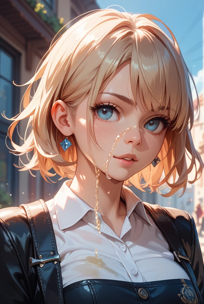 face focus, best quality, super fine, 16k, incredibly absurdres, extremely detailed, delicate and dynamic, beautiful woman with a hopeless expression, drenched by a sudden heavy rain, forehead, ivory messy wavy short wet hair, background cityscape in heavy rain